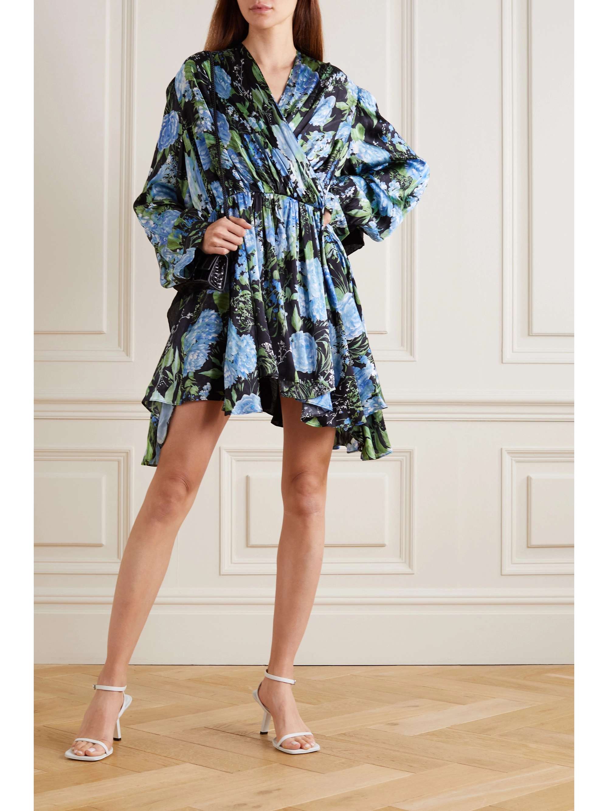 Blue Pleated floral-print satin and ...