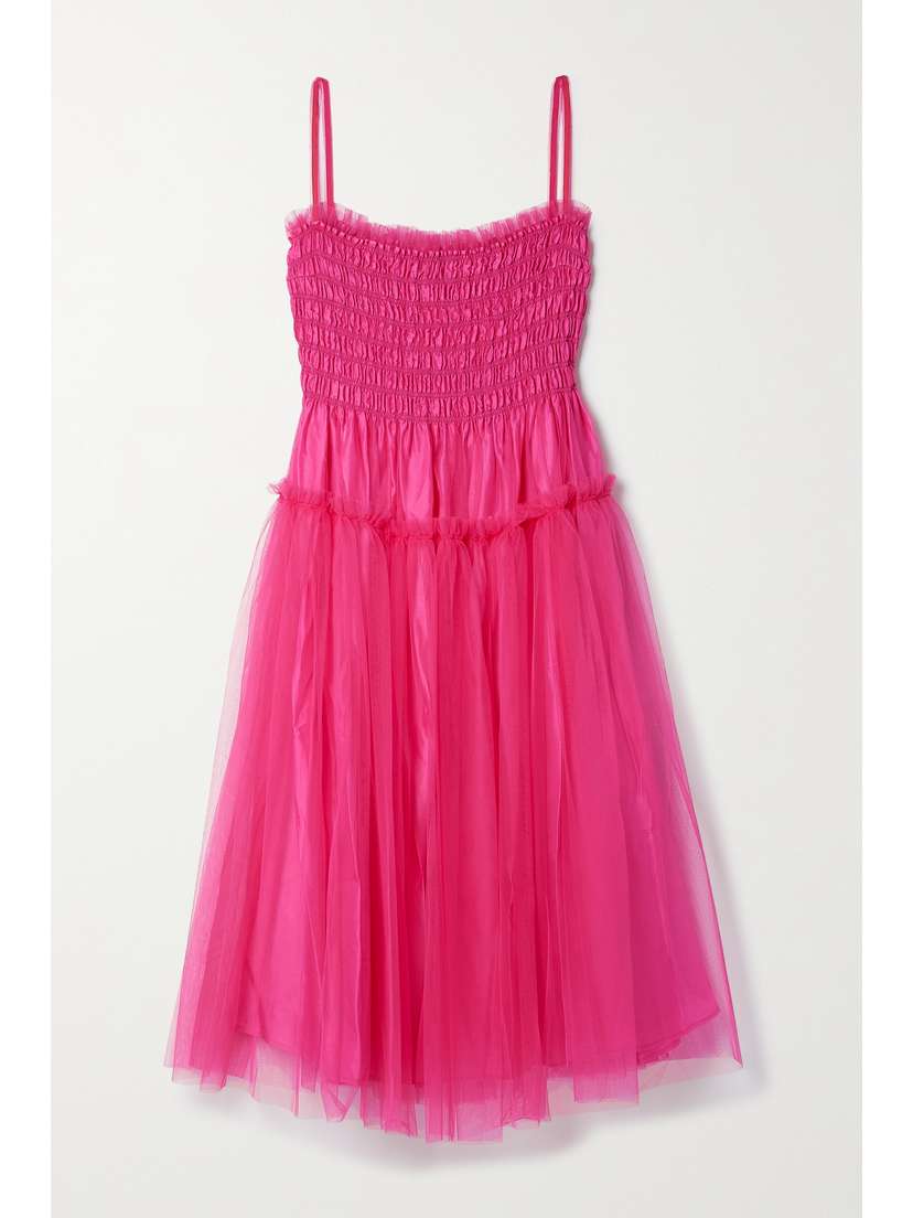 Molly Goddard Shirred Layered Tulle Midi Dress