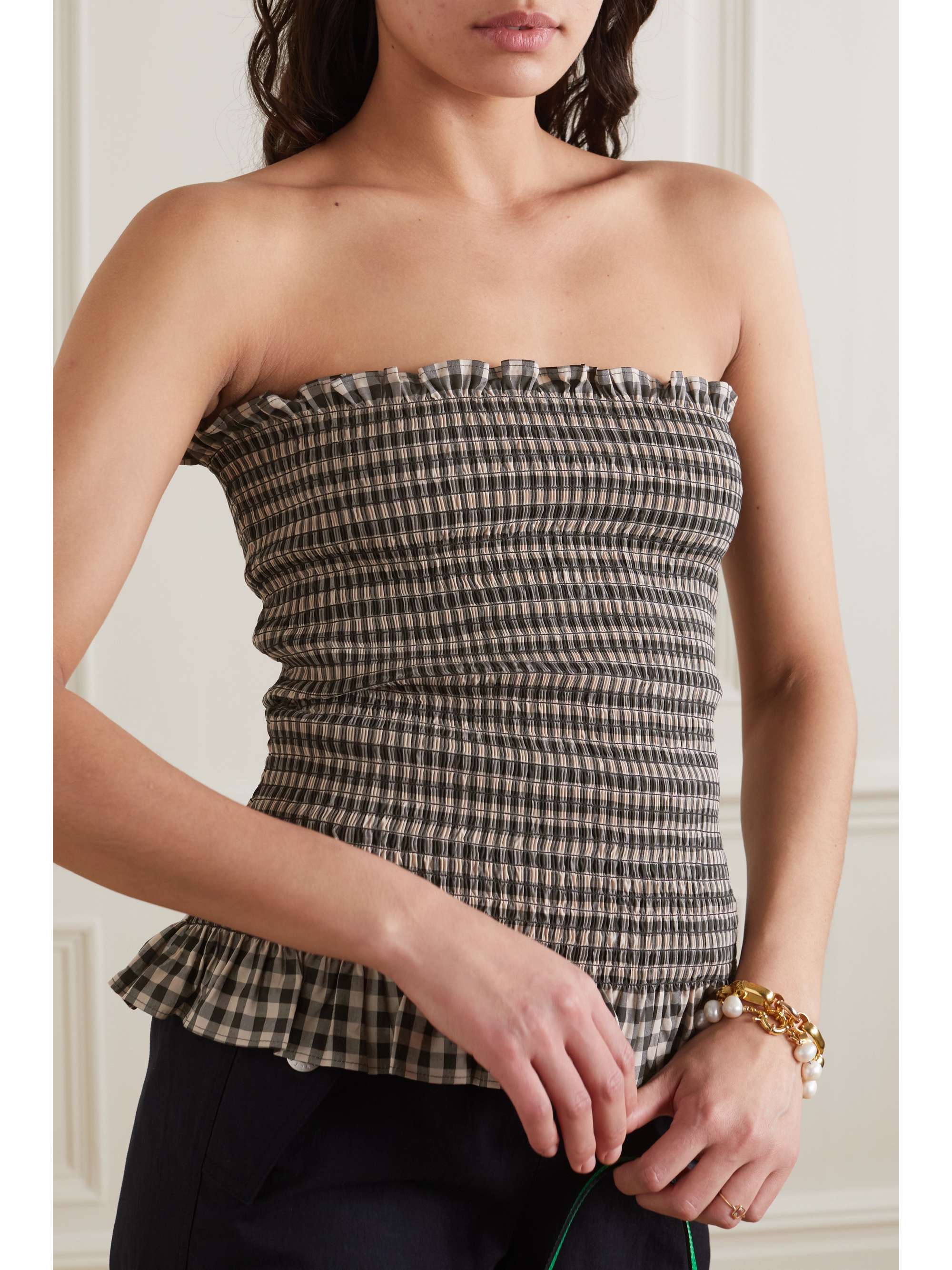 Molly Goddard Kim Shirred Ruffled Gingham Cotton Strapless Top Net A Porter