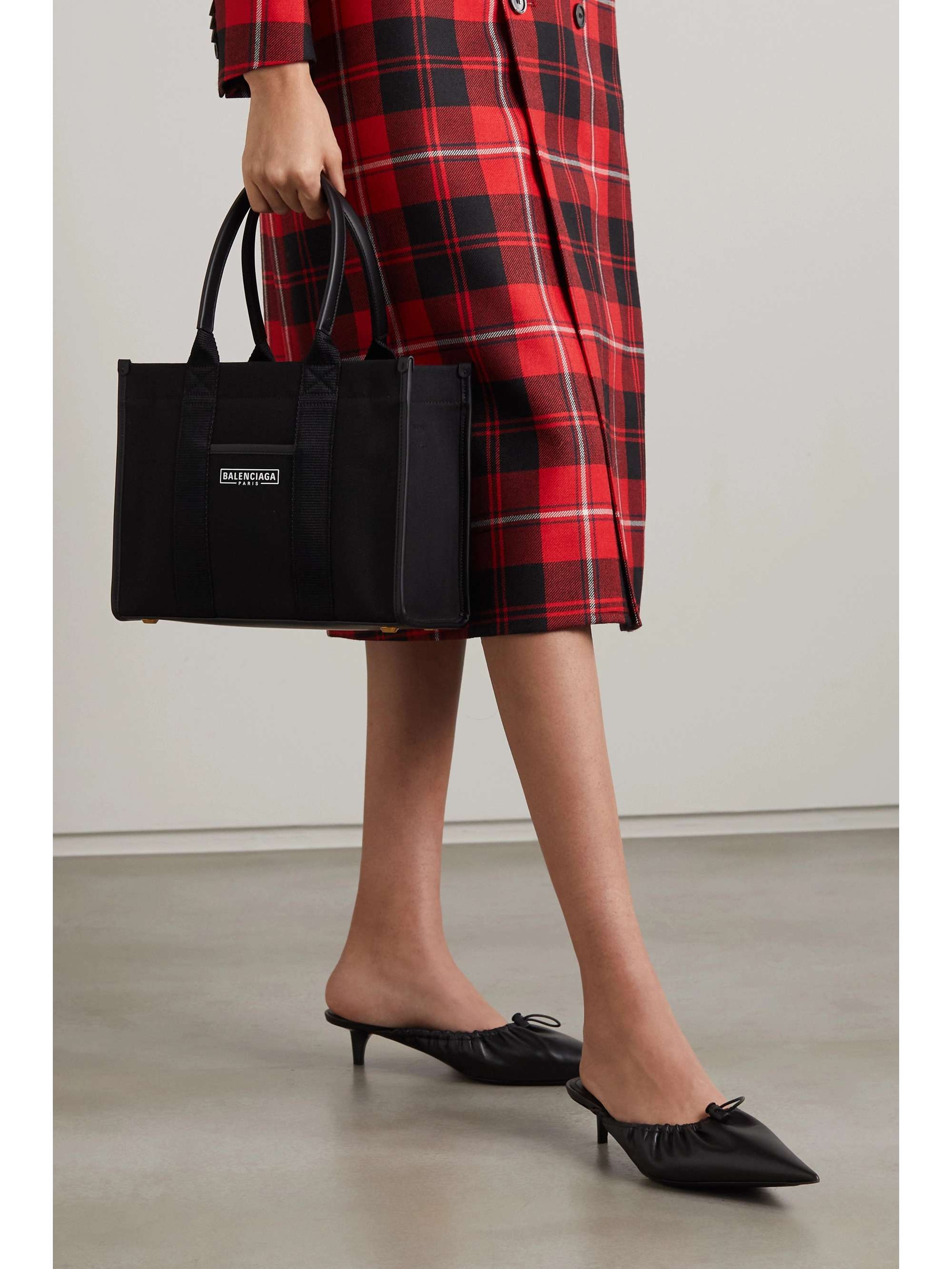 BALENCIAGA Neo Navy small leather-trimmed printed organic cotton-canvas tote