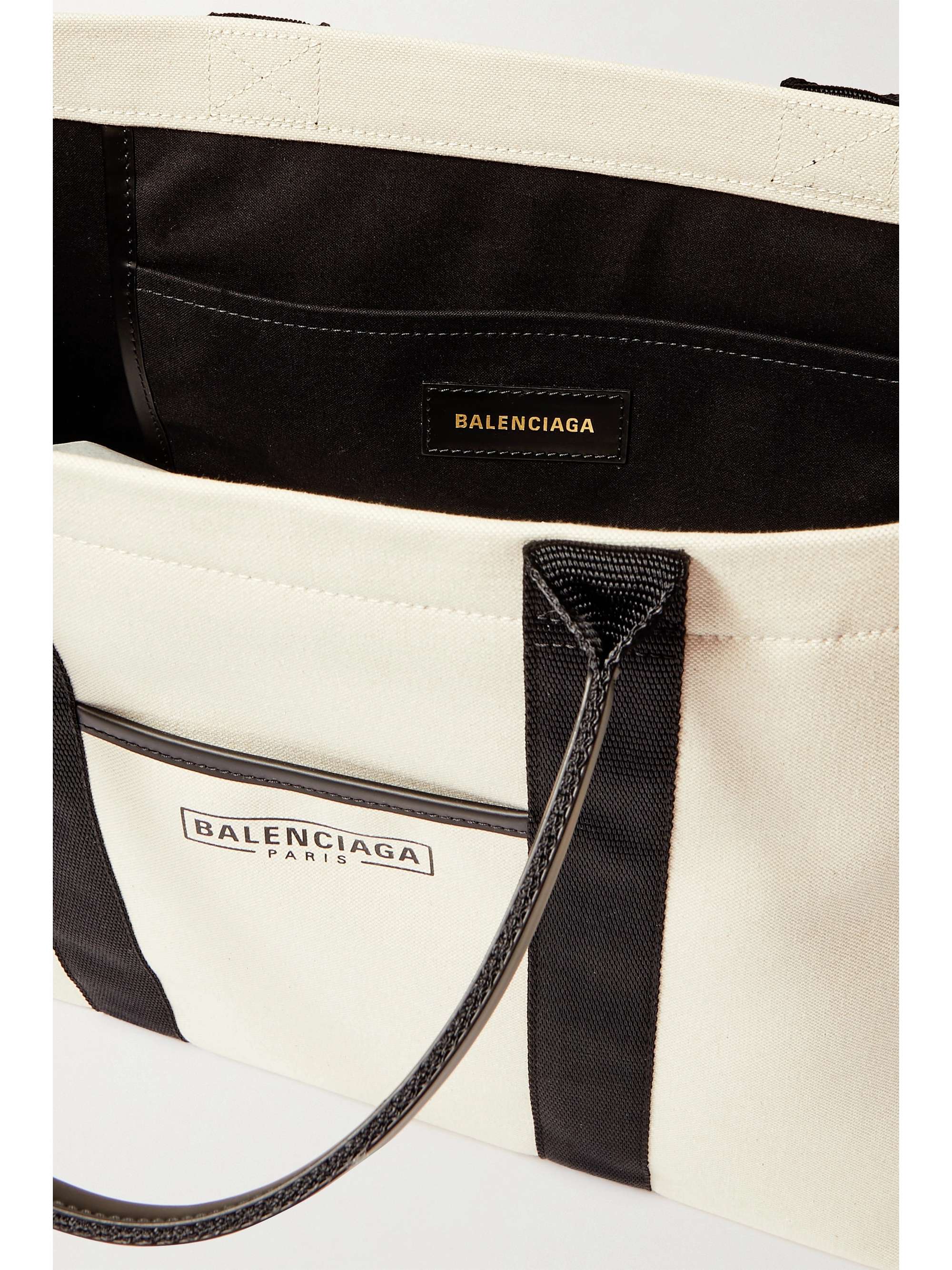 BALENCIAGA Neo Navy large leather-trimmed printed organic cotton-canvas tote