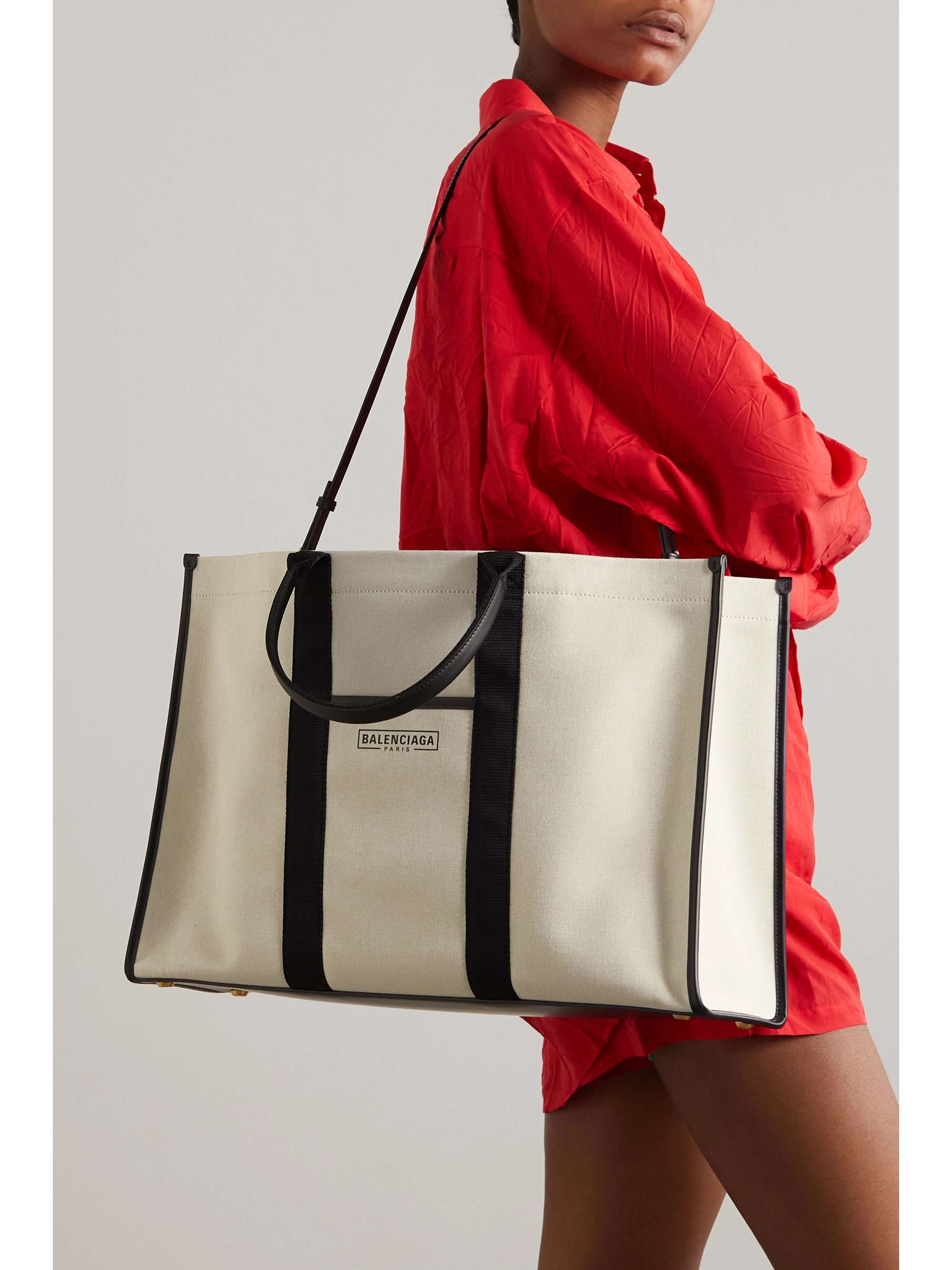 BALENCIAGA Neo Navy large leather-trimmed printed organic cotton-canvas tote