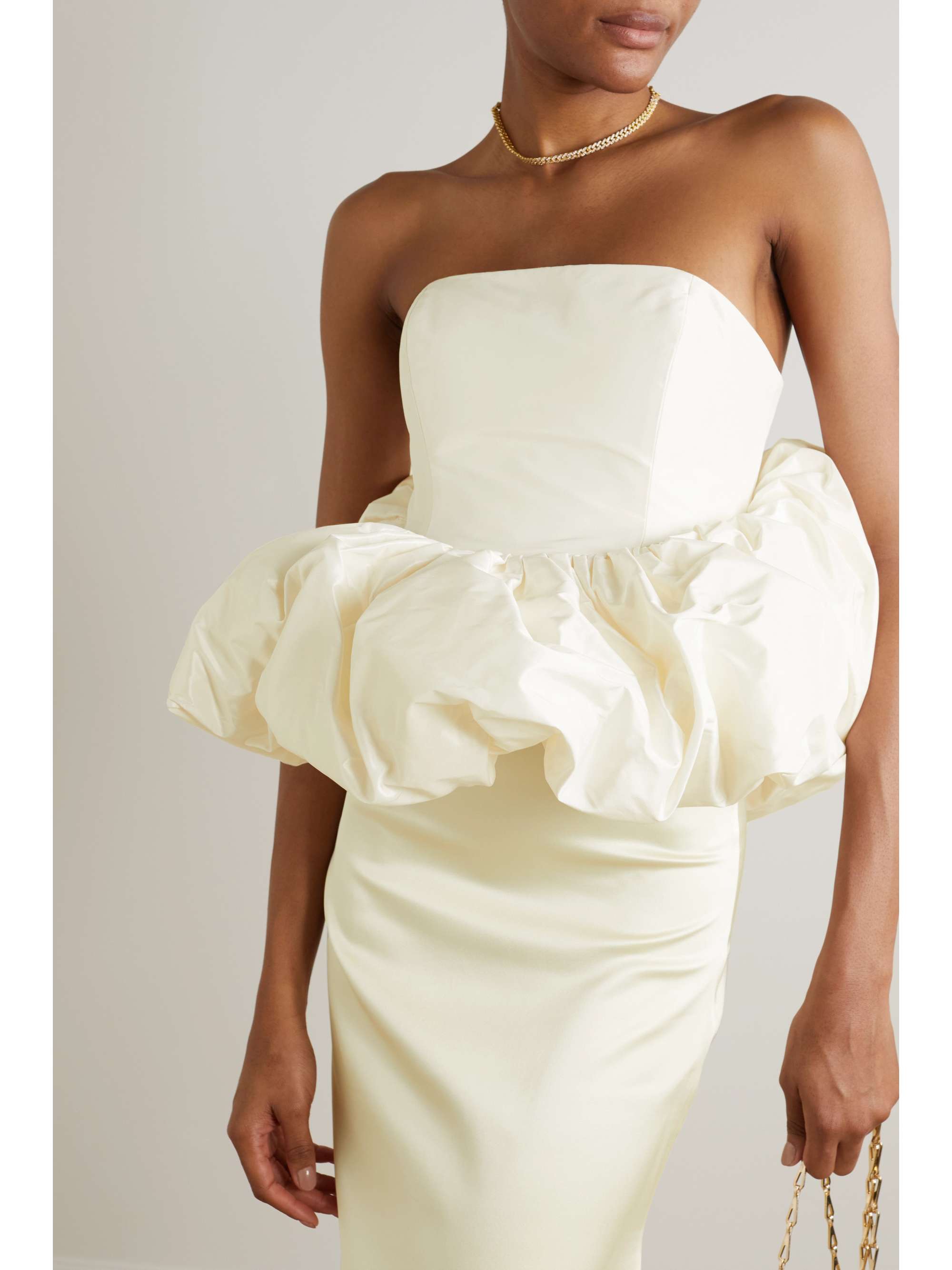 MISS SOHEE + The Vanguard strapless convertible silk-taffeta peplum top