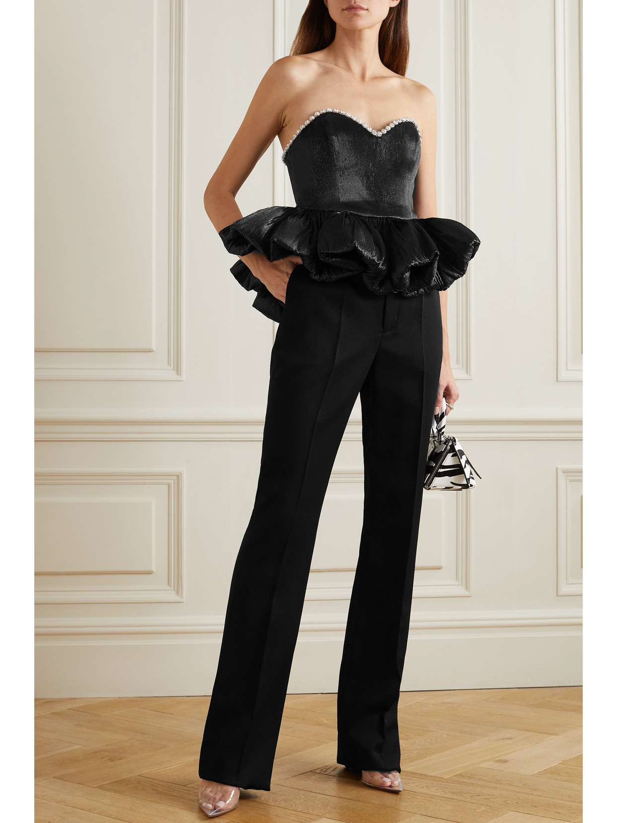 + The Vanguard Embellished Plissé-Lamé Peplum Top