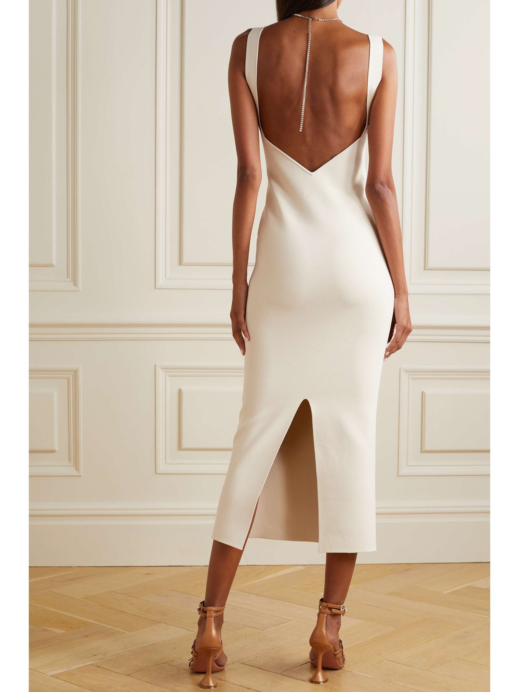 GALVAN Celeste open-back embellished knitted midi dress