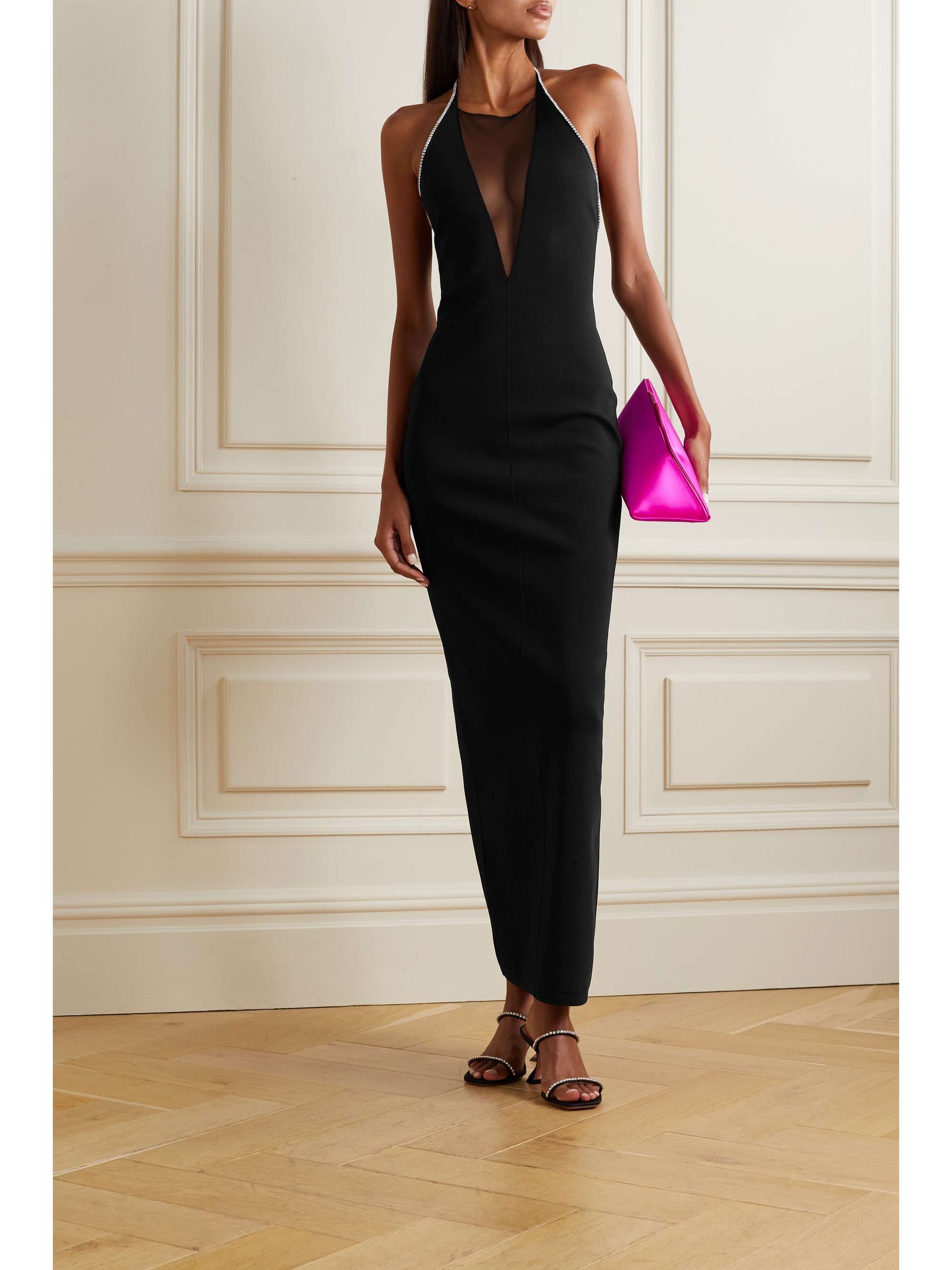 GALVAN Stella open-back tulle-paneled embellished stretch-knit maxi dress