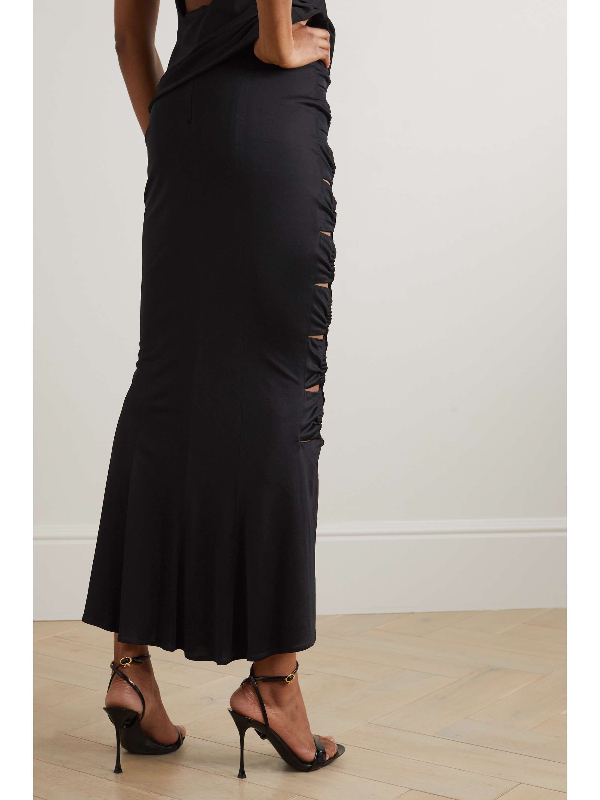 GALVAN Vertebrae ruched cutout satin-jersey midi skirt