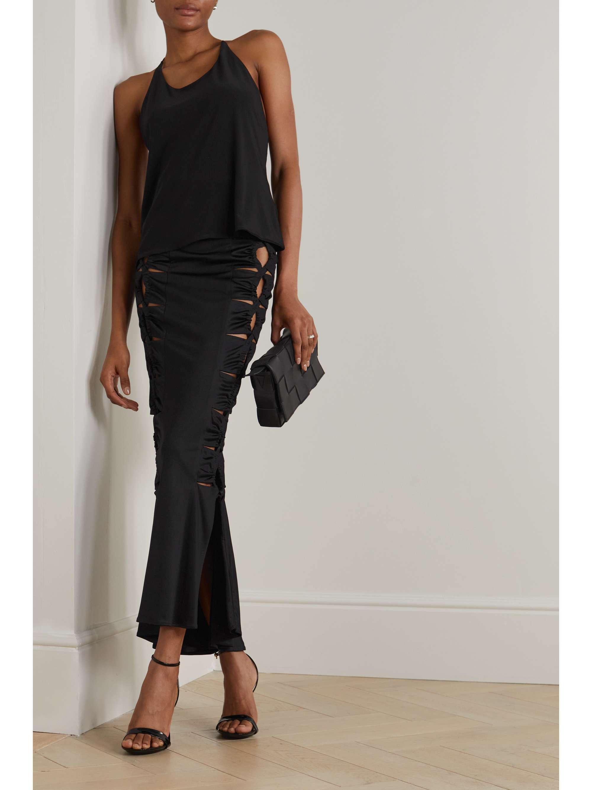 GALVAN Vertebrae ruched cutout satin-jersey midi skirt