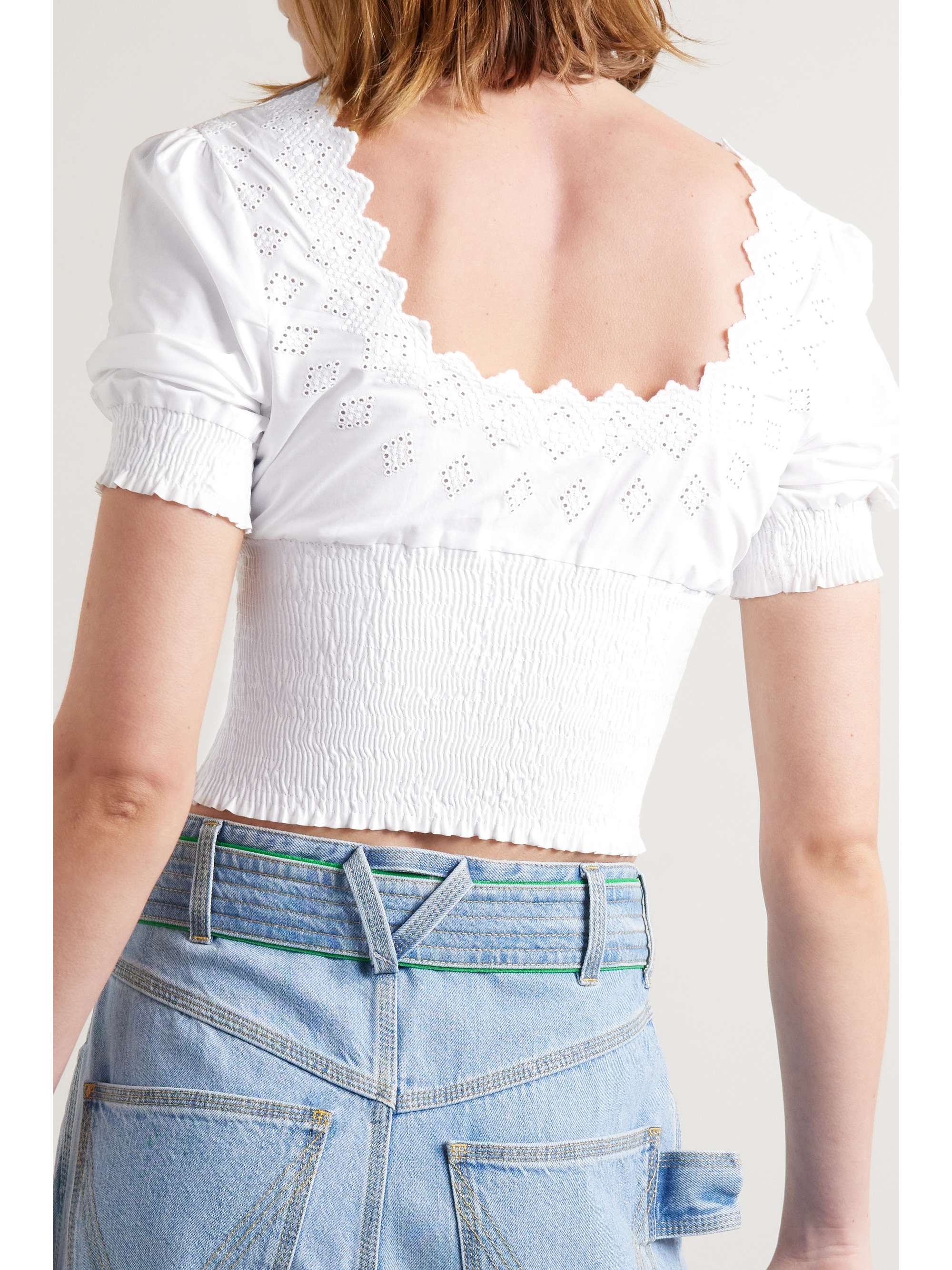ERL Cropped shirred broderie anglaise cotton-poplin top