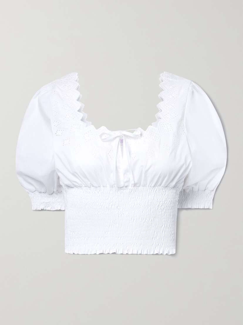 ERL Cropped Shirred Broderie Anglaise Cotton-poplin Top
