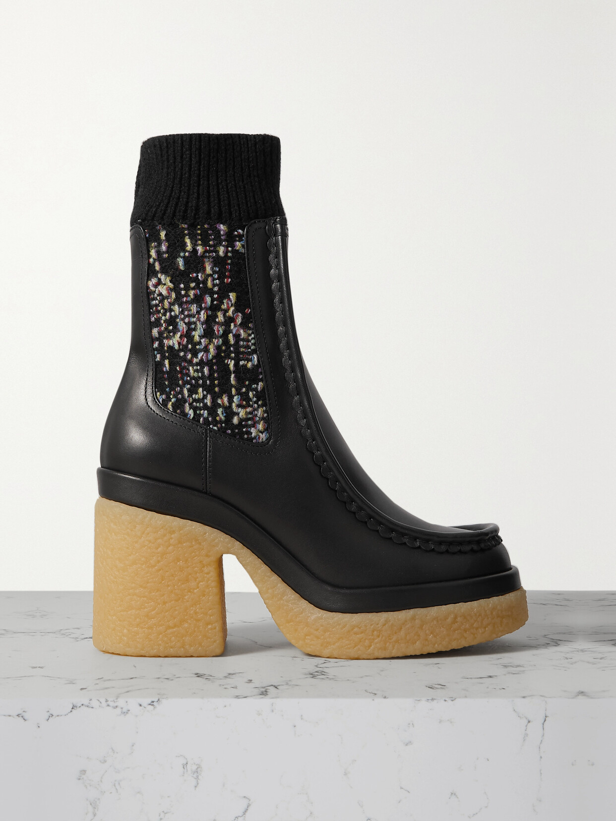 CHLOÉ JAMIE RIBBED-KNIT AND LEATHER PLATFORM CHELSEA BOOTS