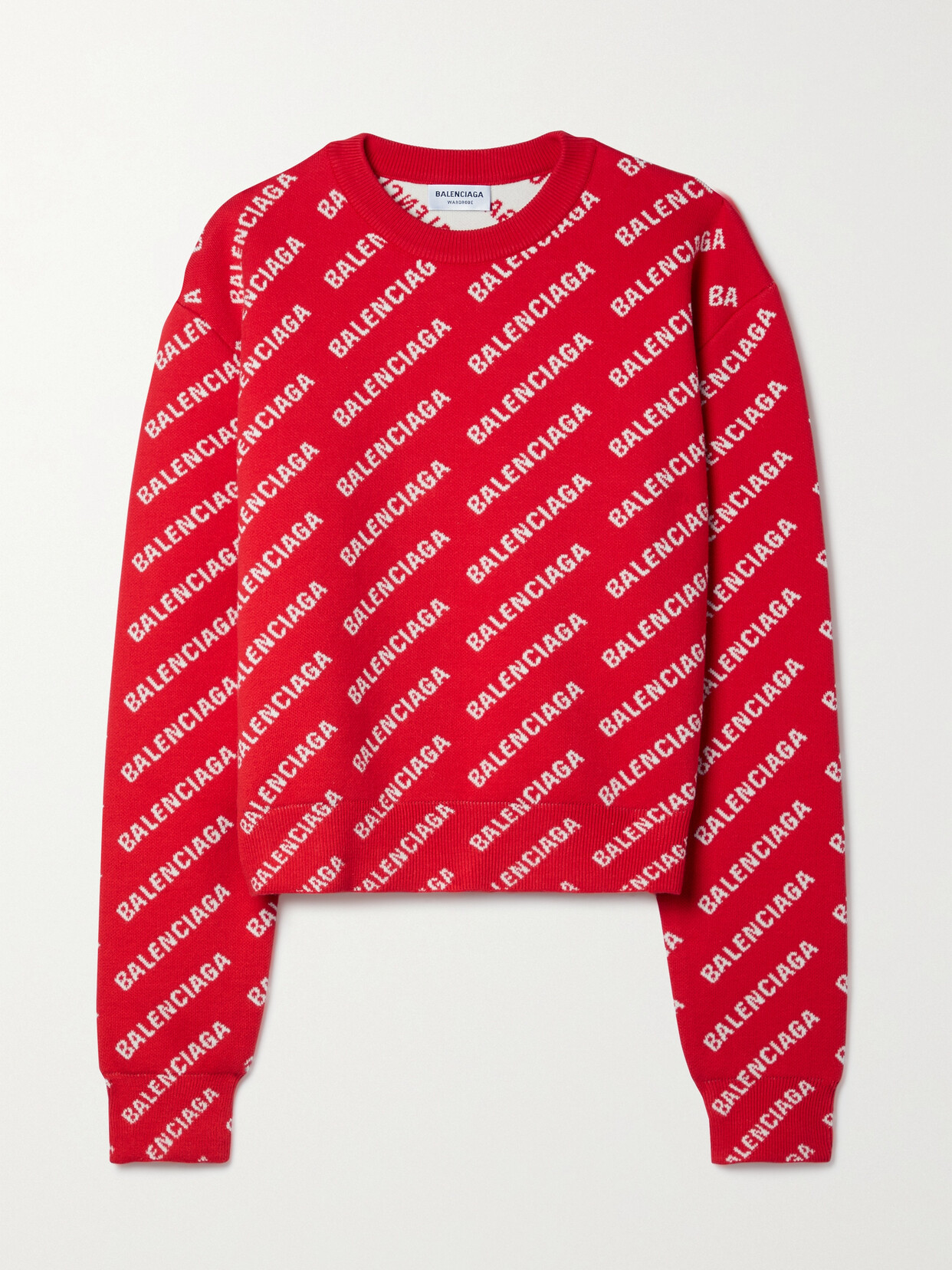 Shop Balenciaga Cropped Intarsia-knit Sweater In Red