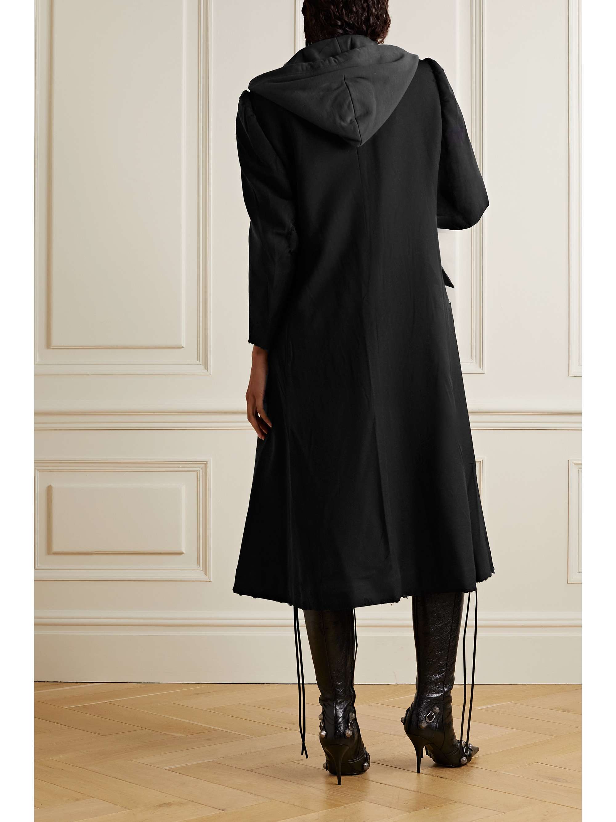 Black DIY embellished hooded crinkled stretch-twill coat Black DIY embellished hooded crinkled stretch-twill coat