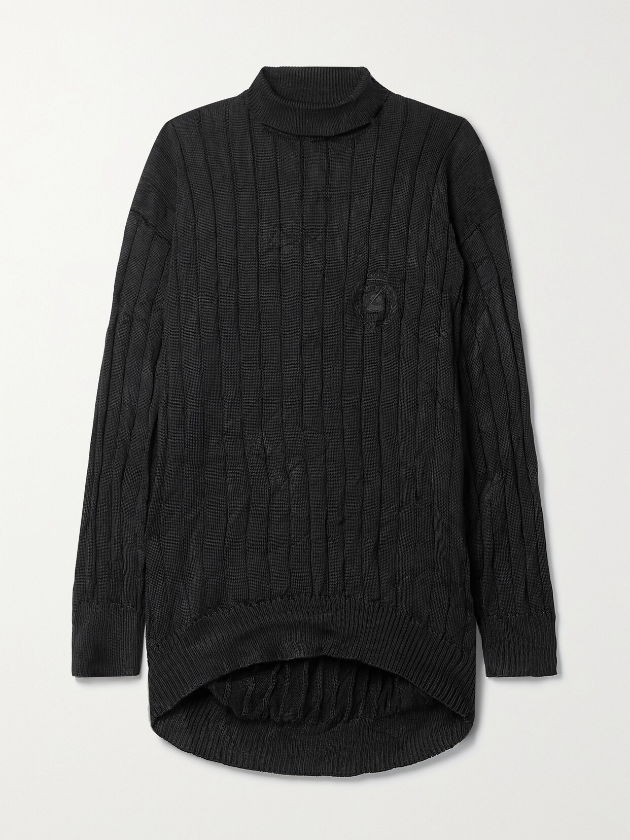 Balenciaga Embroidered Ribbed Silk Turtleneck Sweater In Black