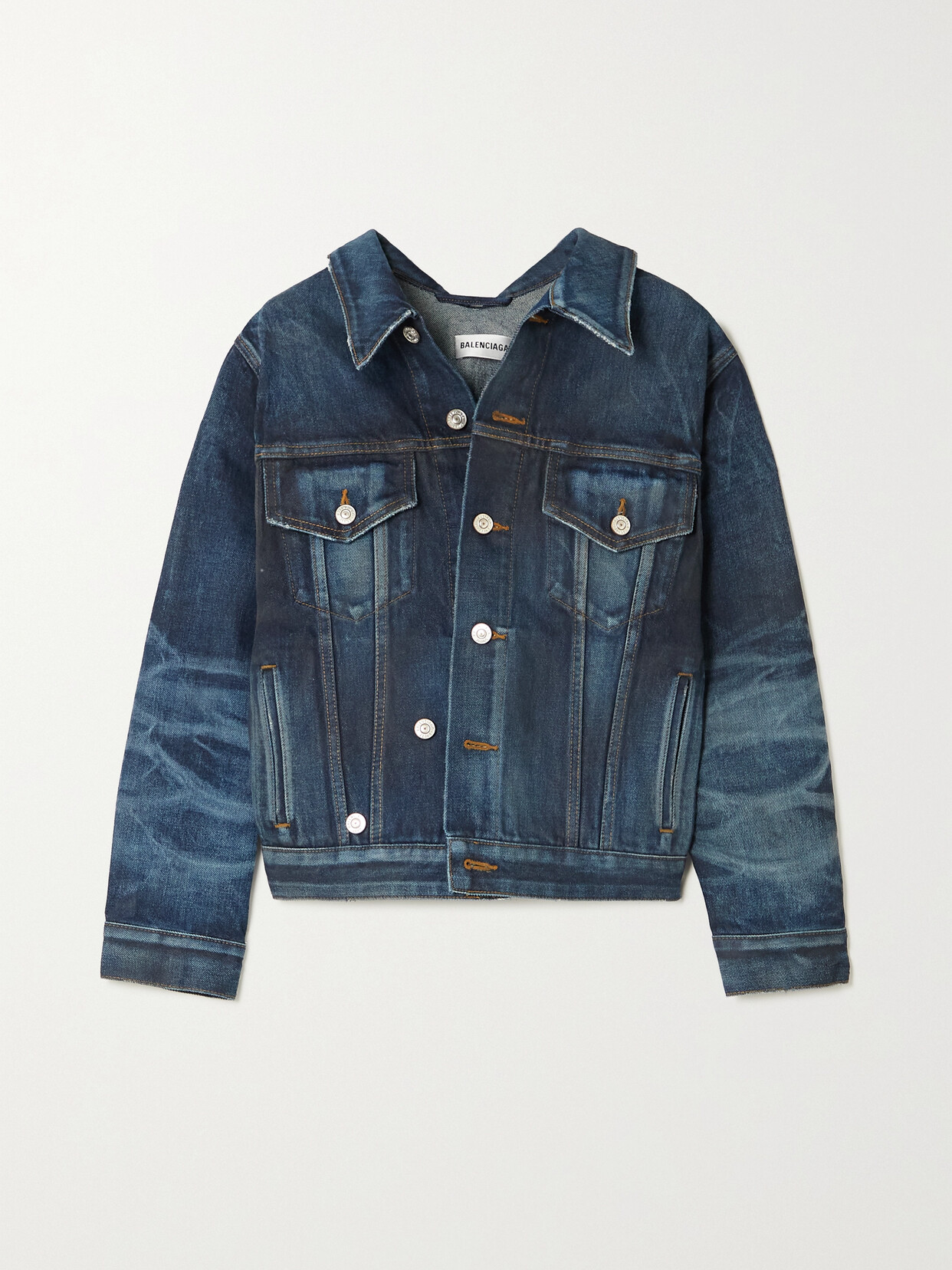 BALENCIAGA SWING CROPPED DISTRESSED DENIM JACKET