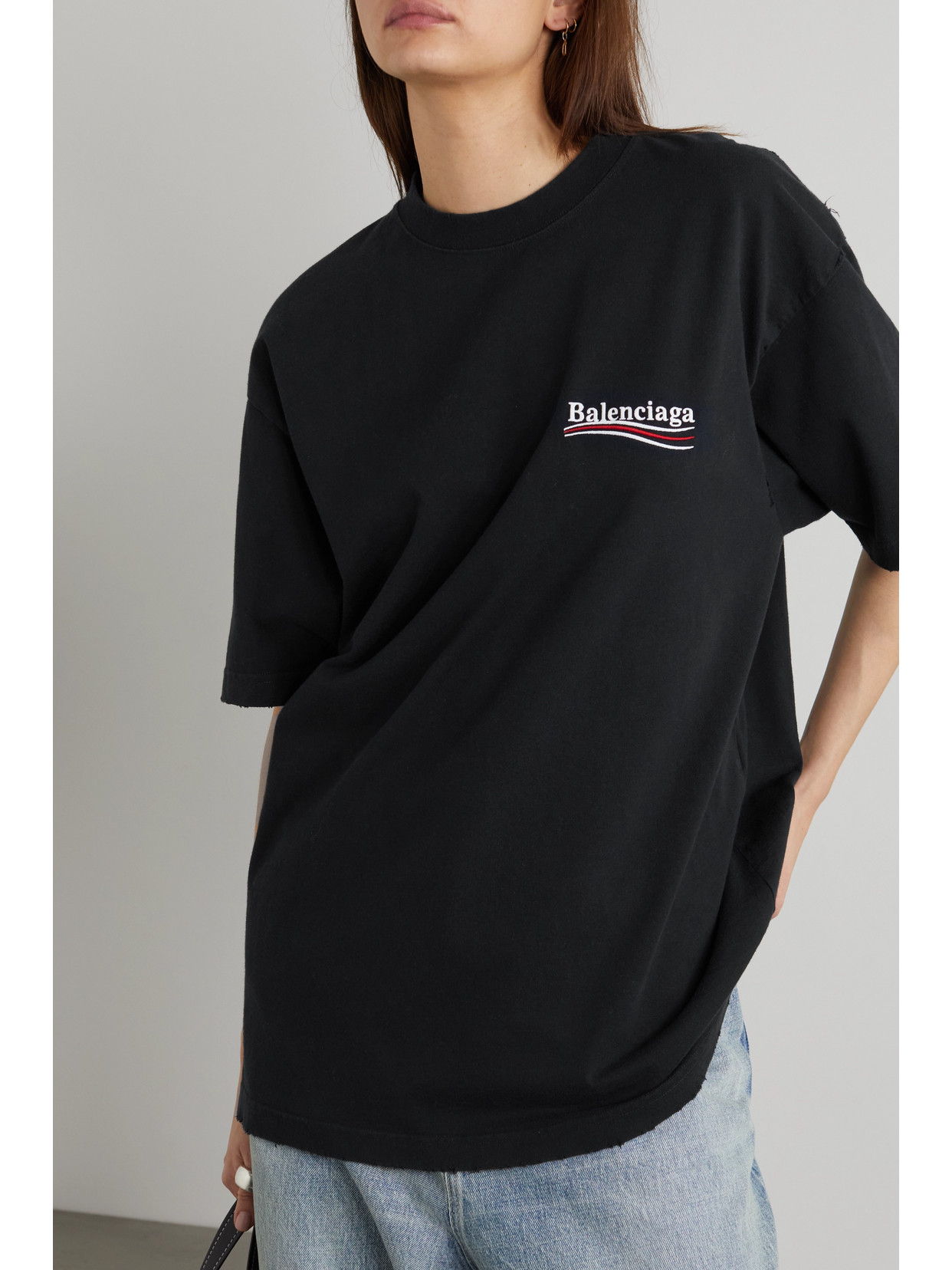 Shop Balenciaga Oversized Embroidered Cotton-jersey T-shirt In Black