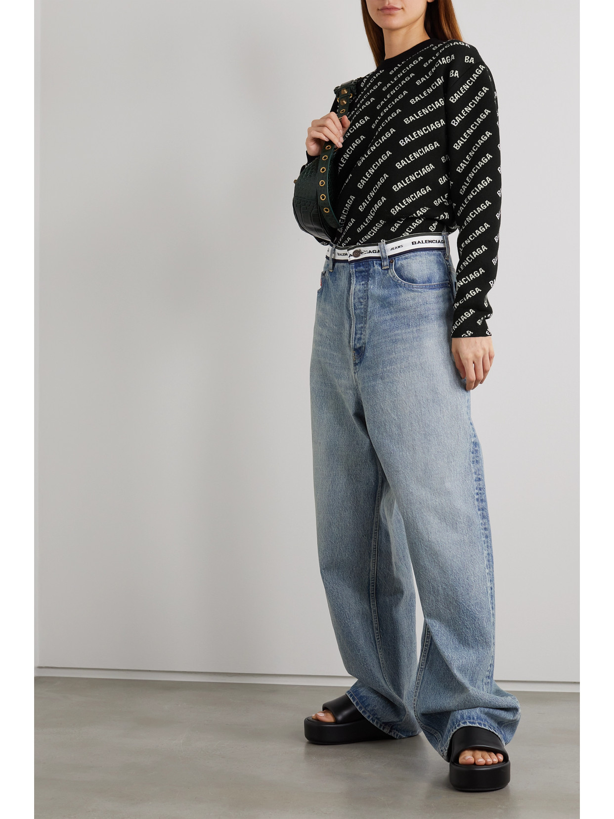 Balenciaga Cropped Intarsia-knit Sweater In Black