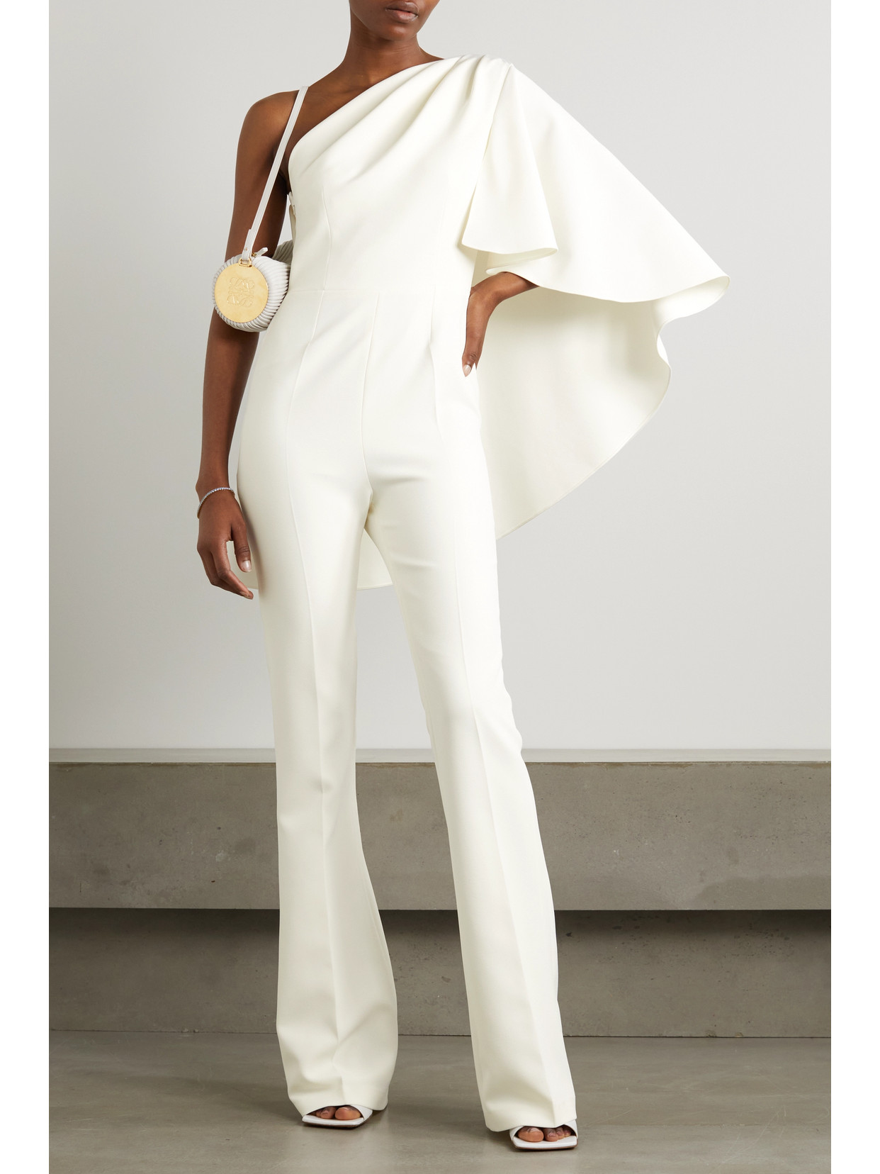 Shop Safiyaa Zephyra One-shoulder Cape-effect Crepe Jumpsuit In Ivory