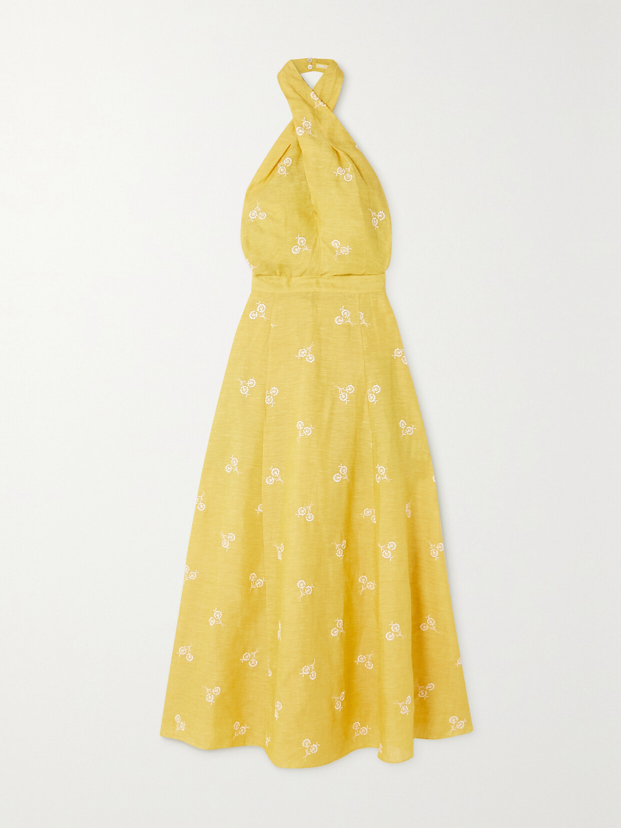 Shop Erdem Selene Halterneck Embroidered Linen Midi Dress In Yellow