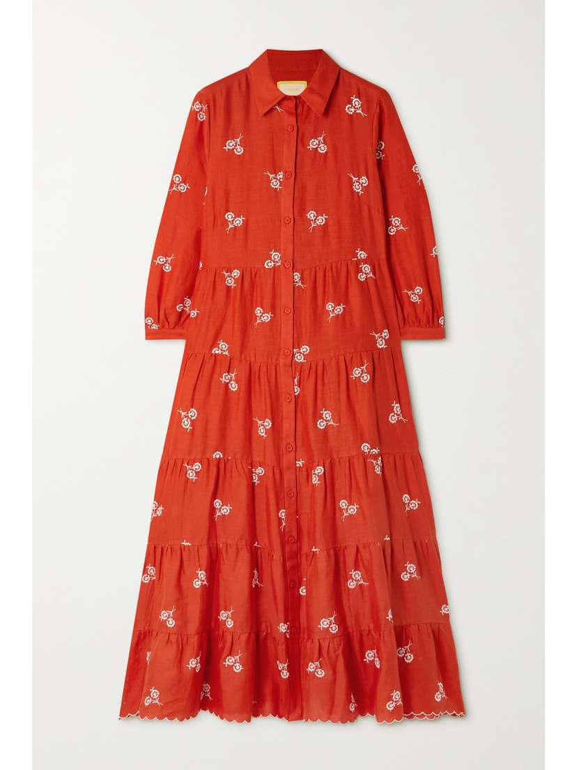 Erdem Patmos Pintucked Embroidered Linen Midi Dress
