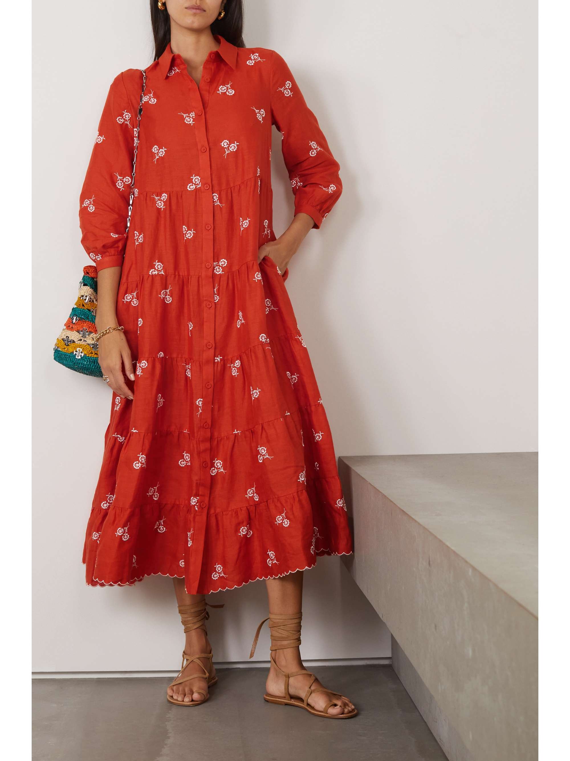 ERDEM Patmos pintucked embroidered linen midi dress