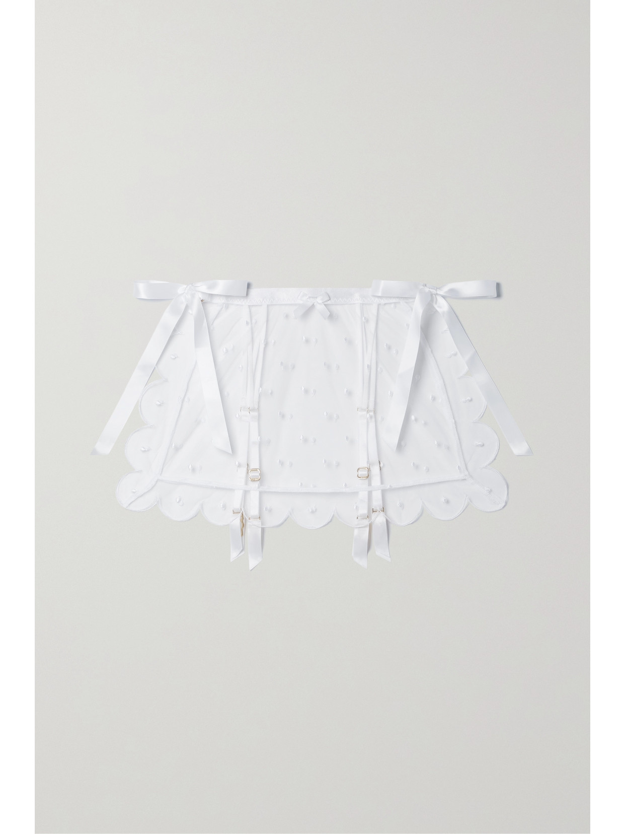 AGENT PROVOCATEUR LORNA BOW-EMBELLISHED EMBROIDERED POLKA-DOT TULLE SUSPENDER BELT