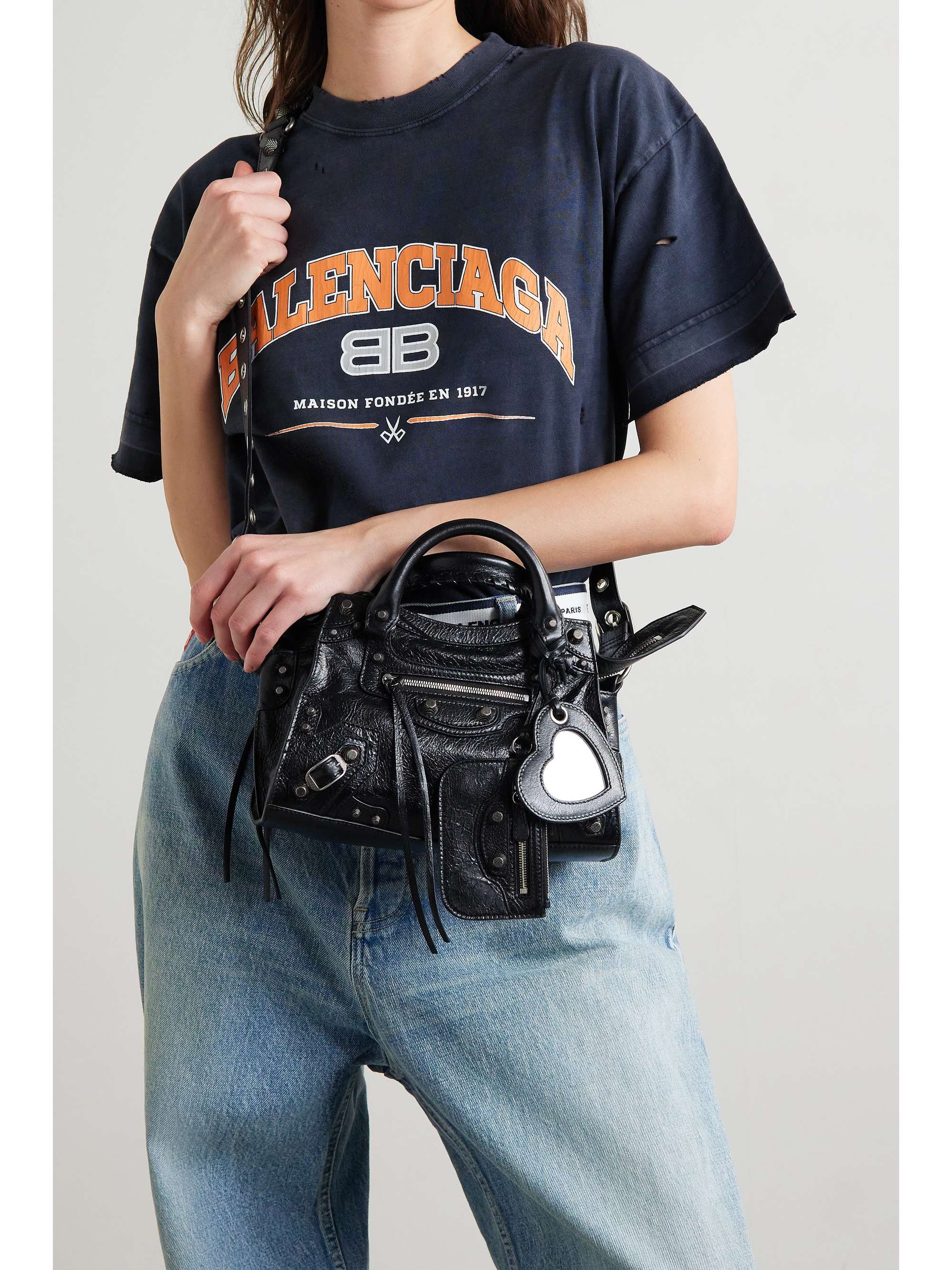 BALENCIAGA Neo Cagole XS studded crinkled-leather tote