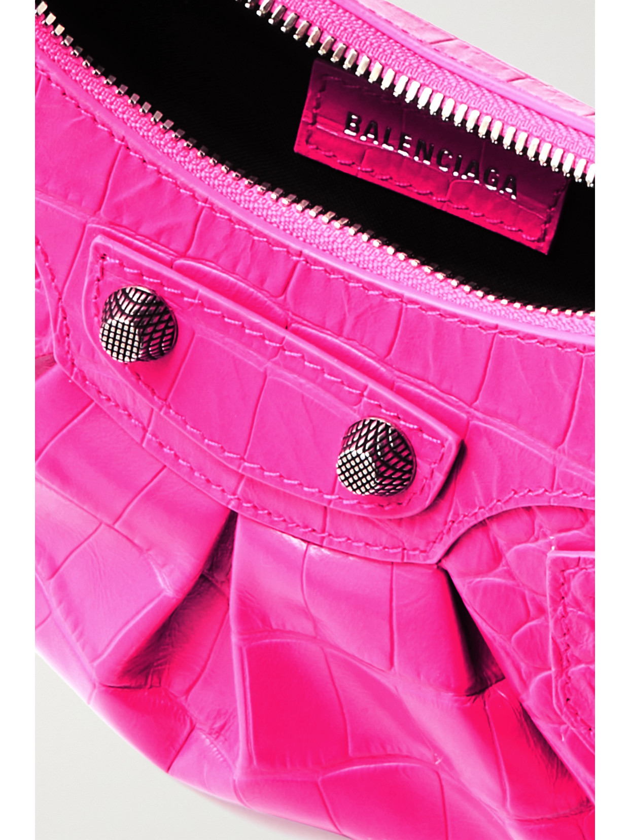 Shop Balenciaga Le Cagole Xs Studded Croc-effect Leather Shoulder Bag In Pink