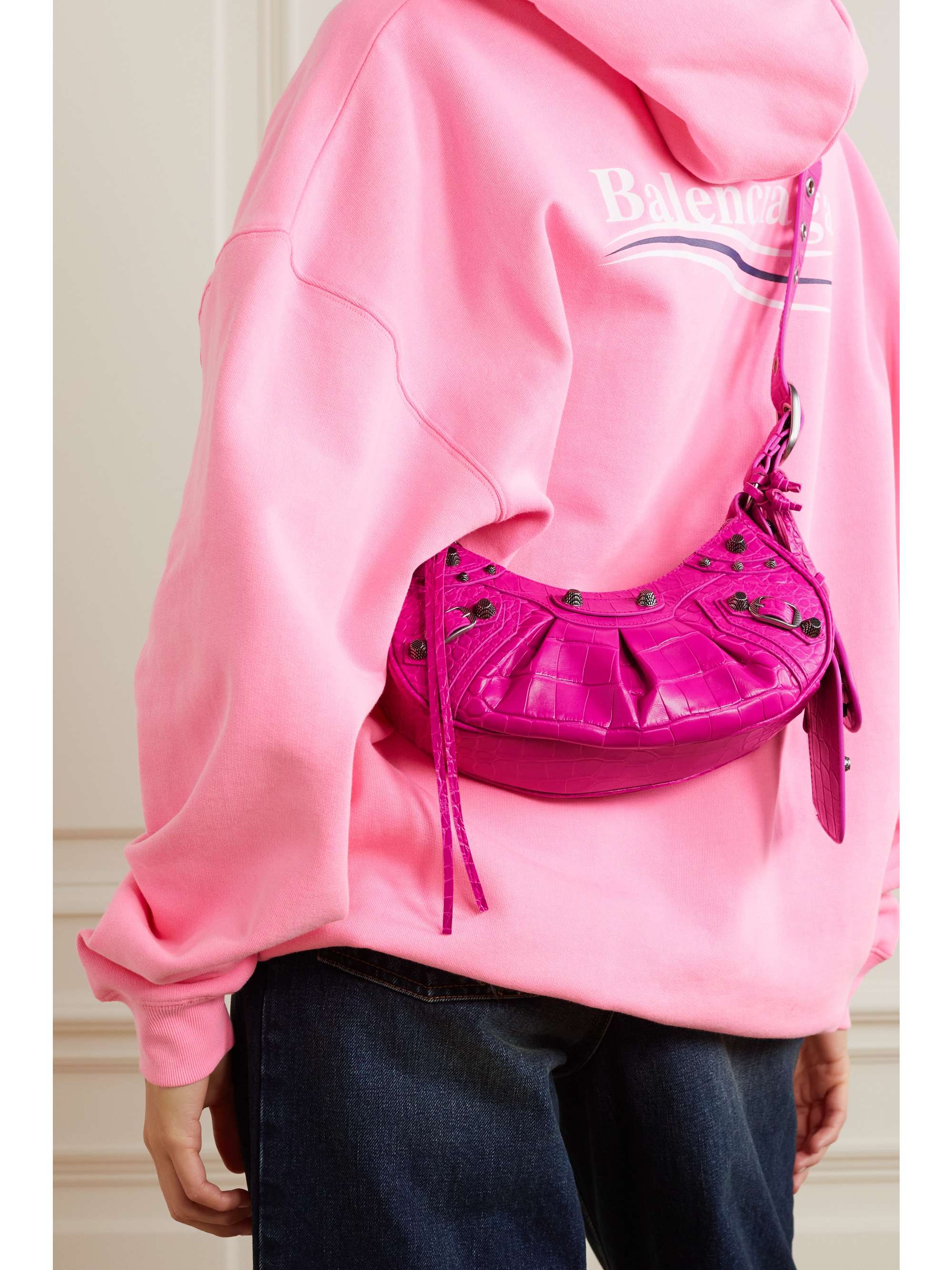 Balenciaga: Pink Croc Small 'Le Cagole' Shoulder Bag