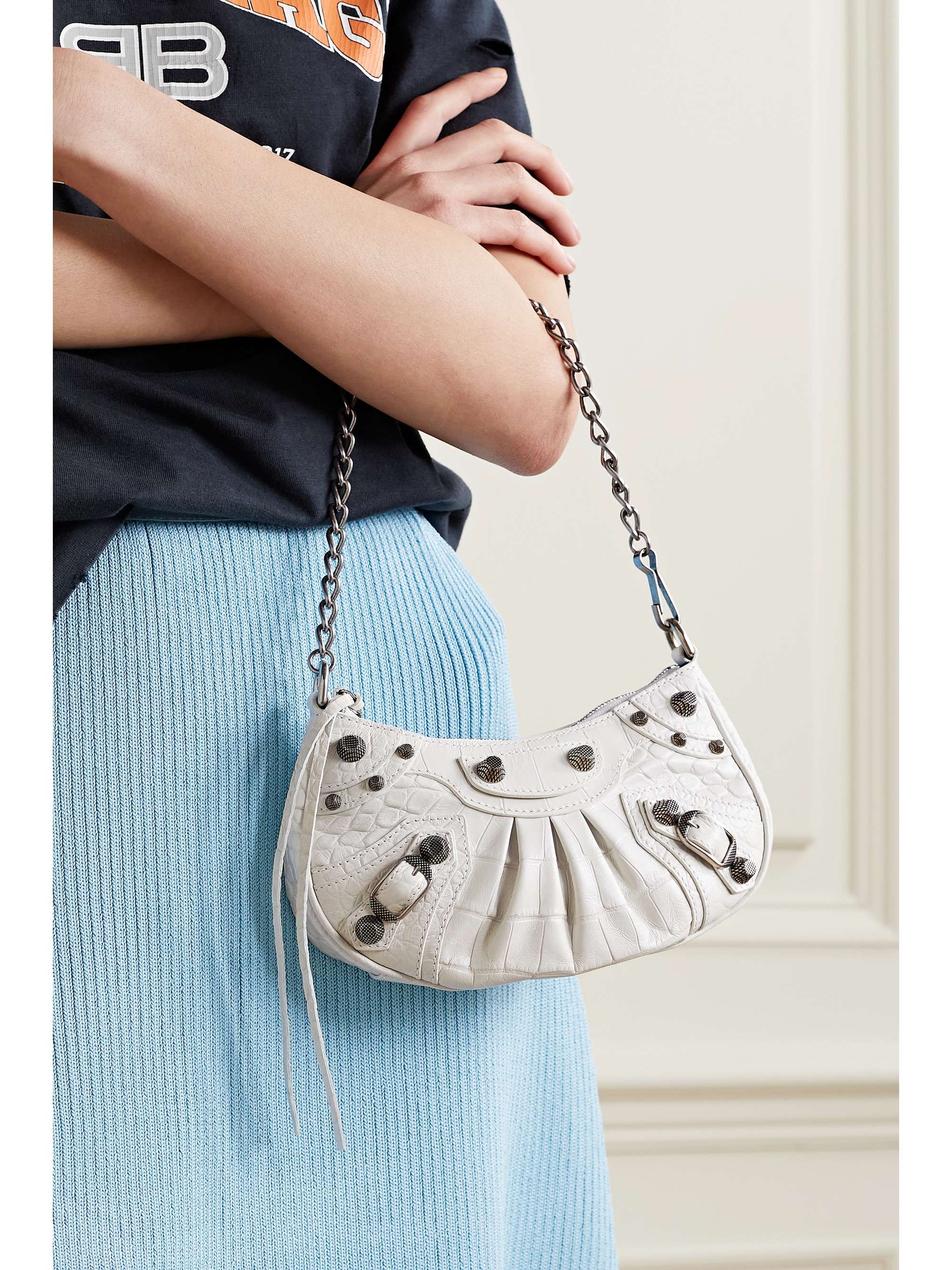 BALENCIAGA Le Cagole Mini studded croc-effect leather shoulder bag