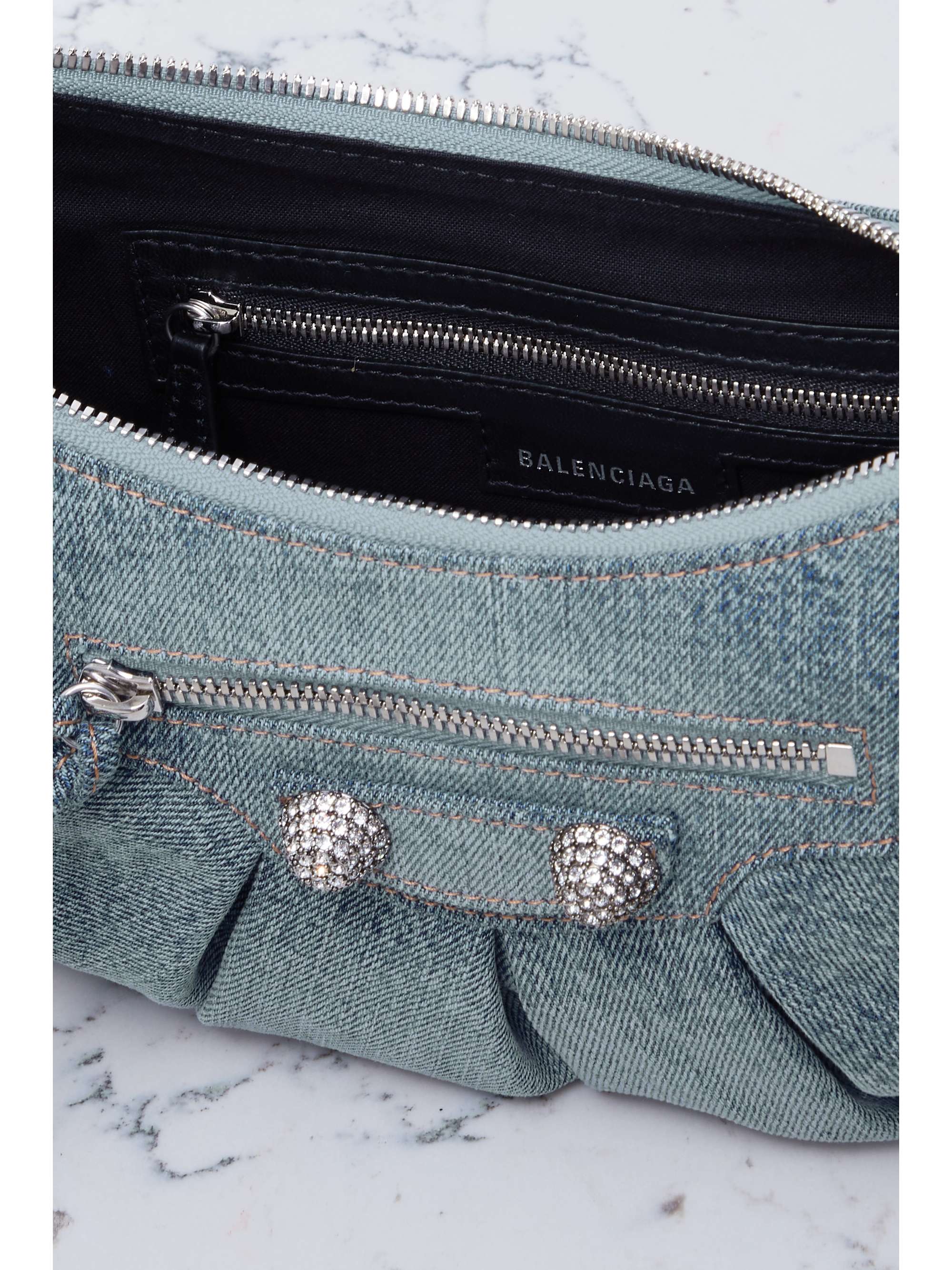 BALENCIAGA Le Cagole small embellished denim shoulder bag