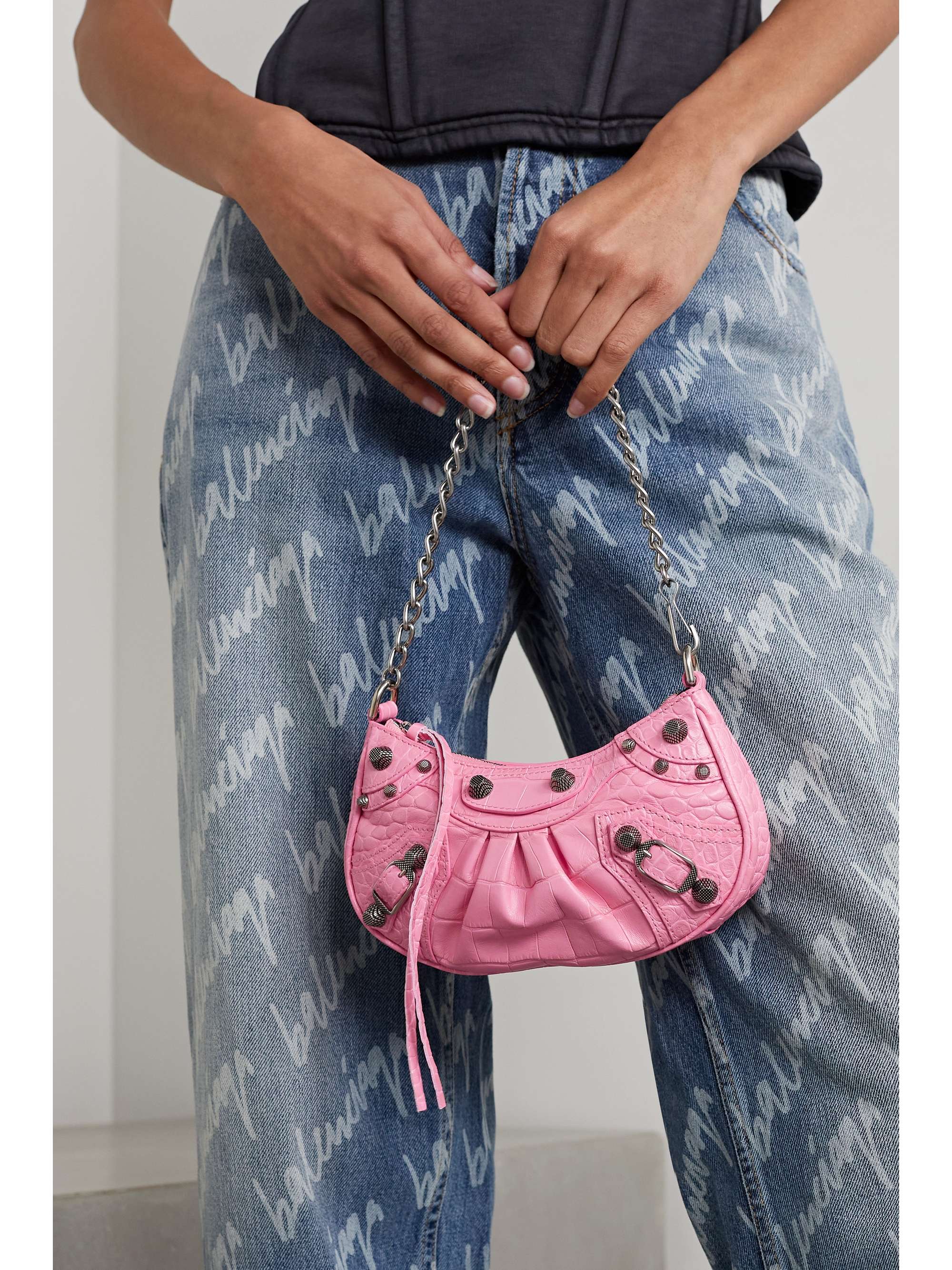 BALENCIAGA Le Cagole Mini studded croc-effect leather shoulder bag