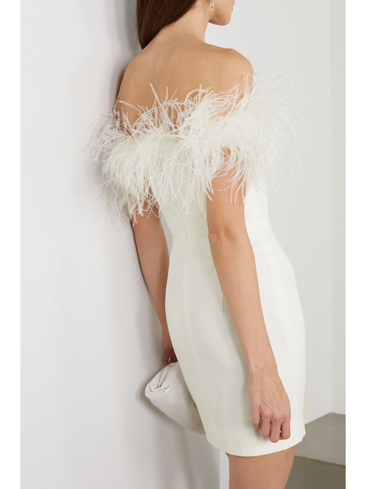 Shop 16arlington Ava Off-the-shoulder Feather-trimmed Crepe Mini Dress In Ivory