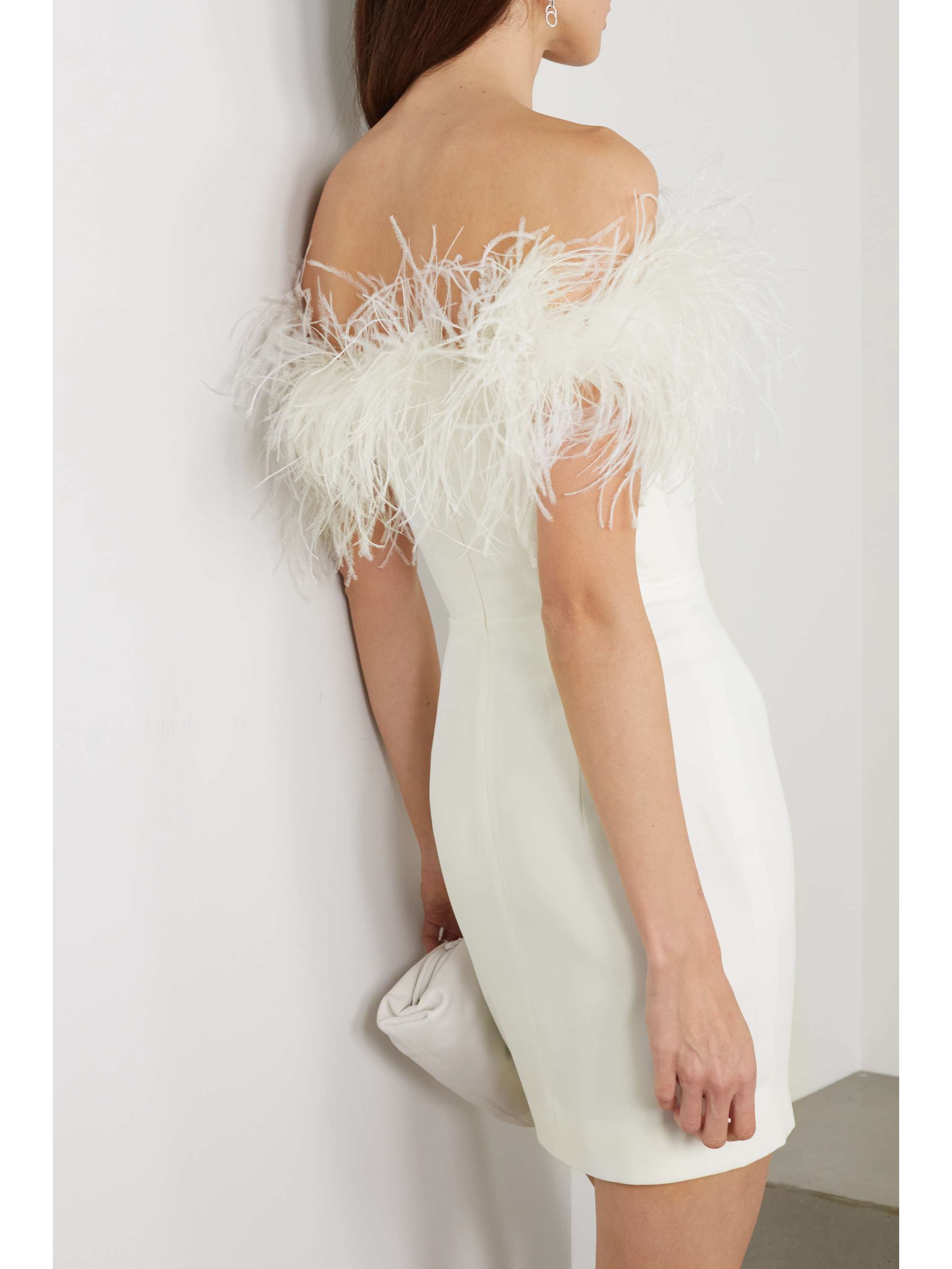 16ARLINGTON Ava off-the-shoulder feather-trimmed crepe mini dress