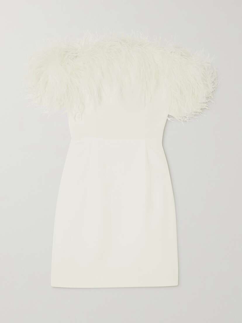 16Arlington Ava Off-the-shoulder Feather-trimmed Crepe Mini Dress