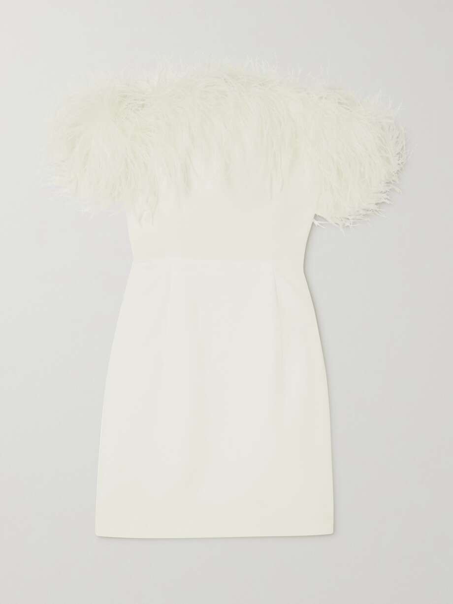 ava off-the-shoulder feather-trimmed crepe mini dress