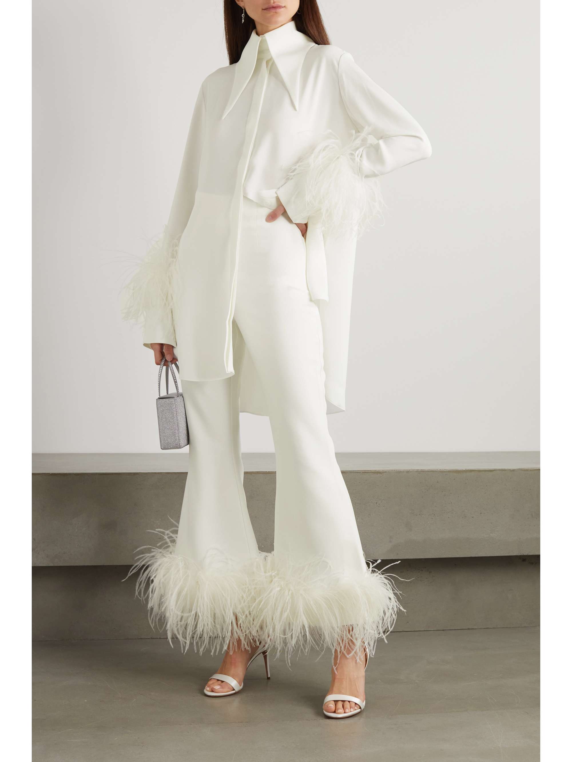Brisbane cropped feather trimmed crepe wide leg pants