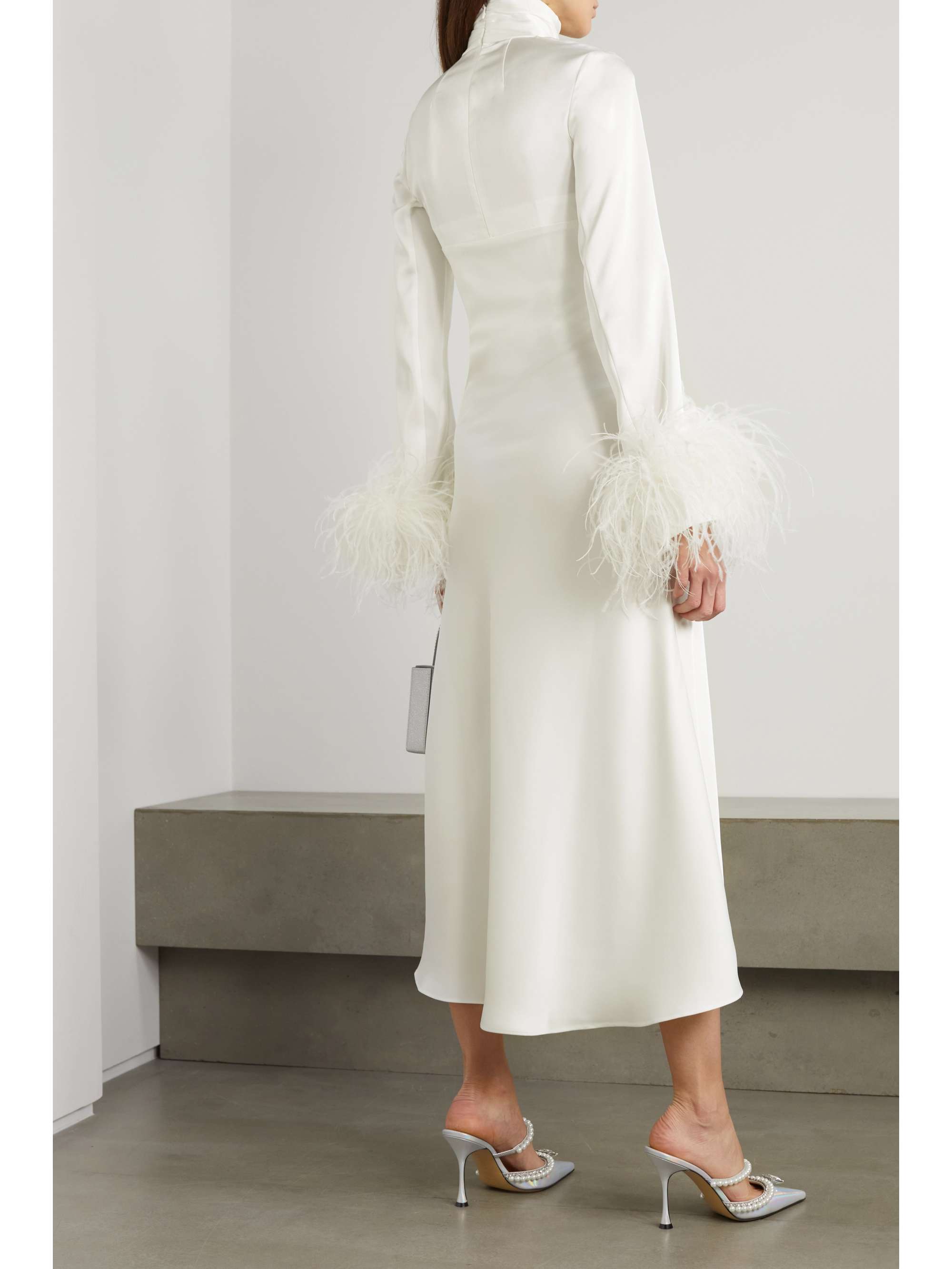 16ARLINGTON Odessa cutout feather-trimmed satin midi dress