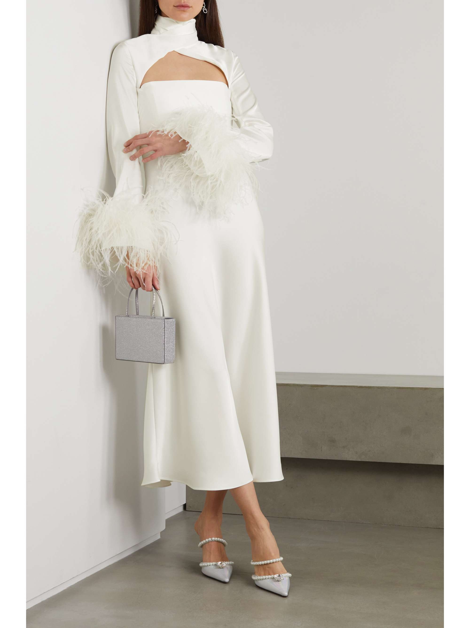 16ARLINGTON Odessa cutout feather-trimmed satin midi dress