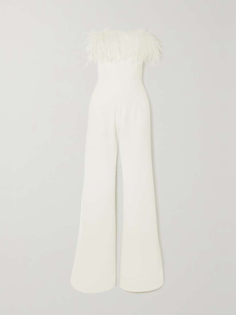 16Arlington Taree Strapless Feather-trimmed Crepe Jumpsuit