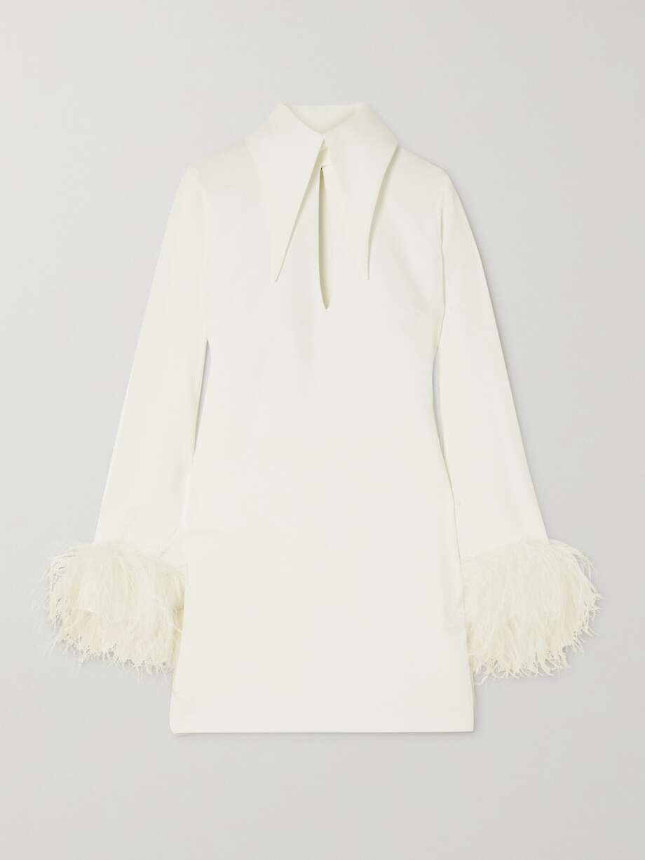 michelle feather-trimmed cutout crepe mini dress