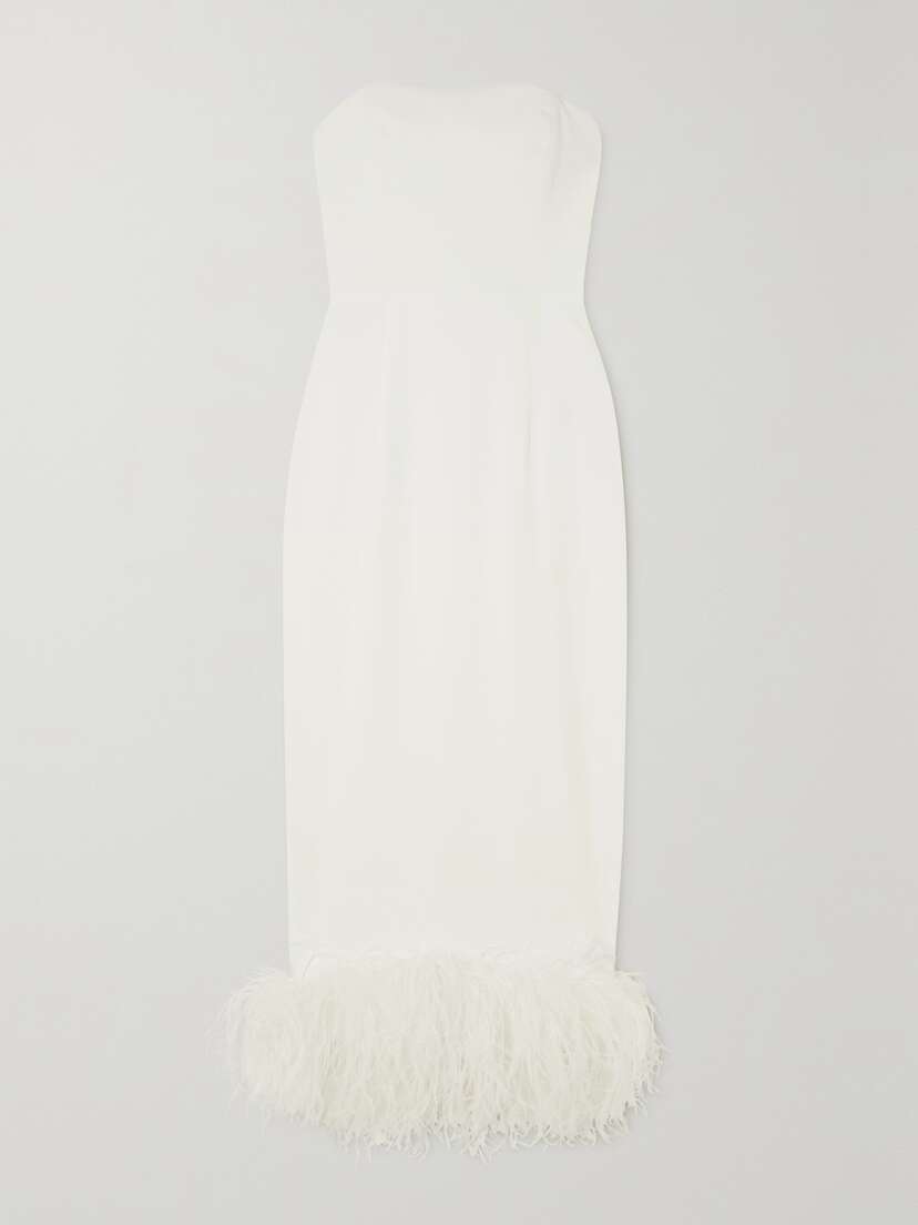16Arlington Minelli Strapless Feather-trimmed Crepe Midi Dress