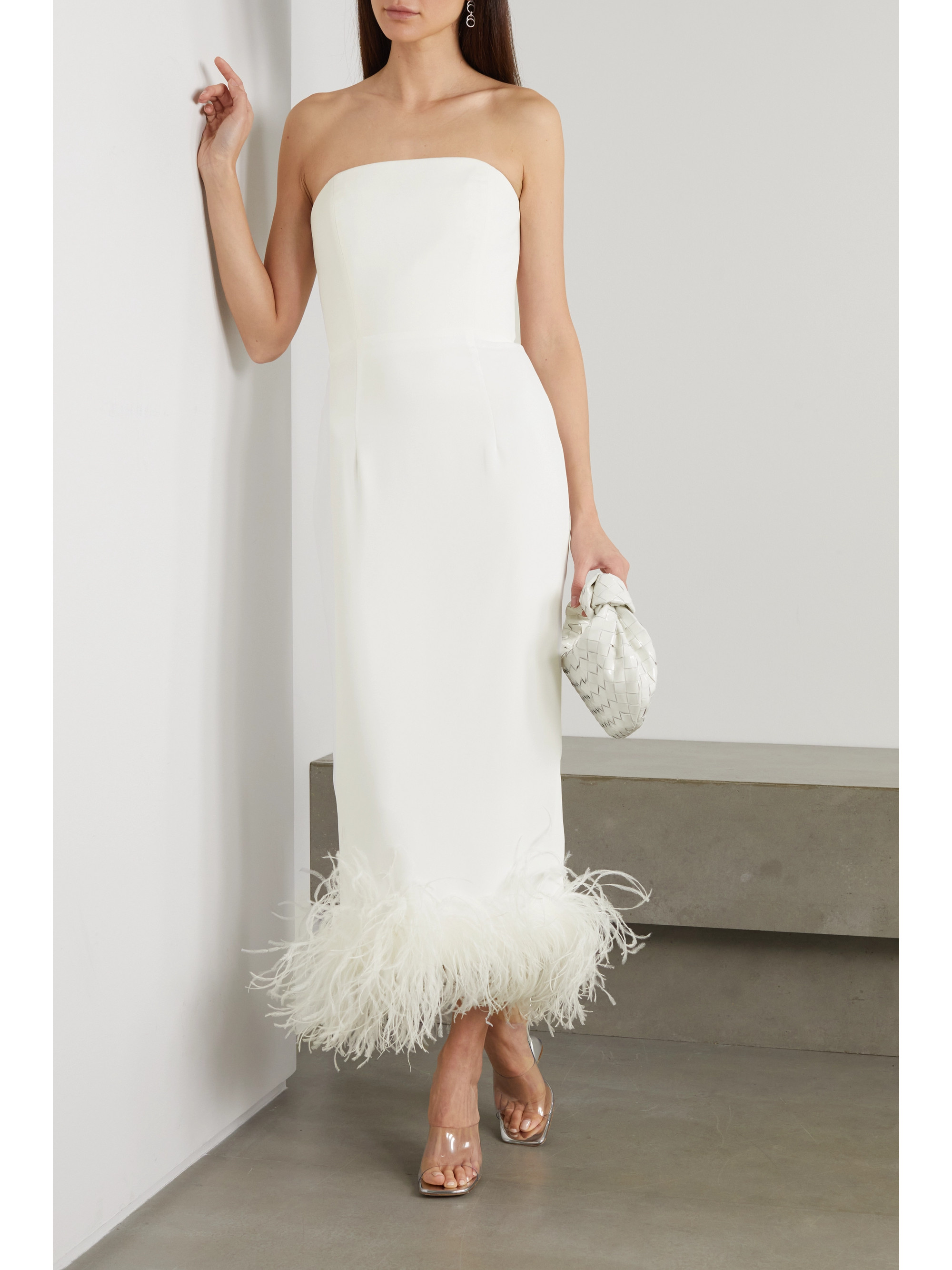 16Arlington Minelli strapless feather-trimmed crepe midi dress