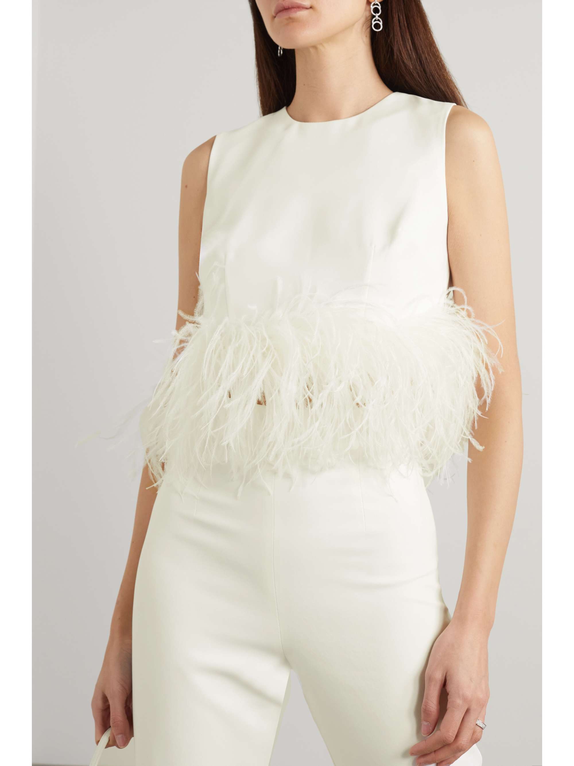 16ARLINGTON Hoku cropped feather-trimmed crepe top