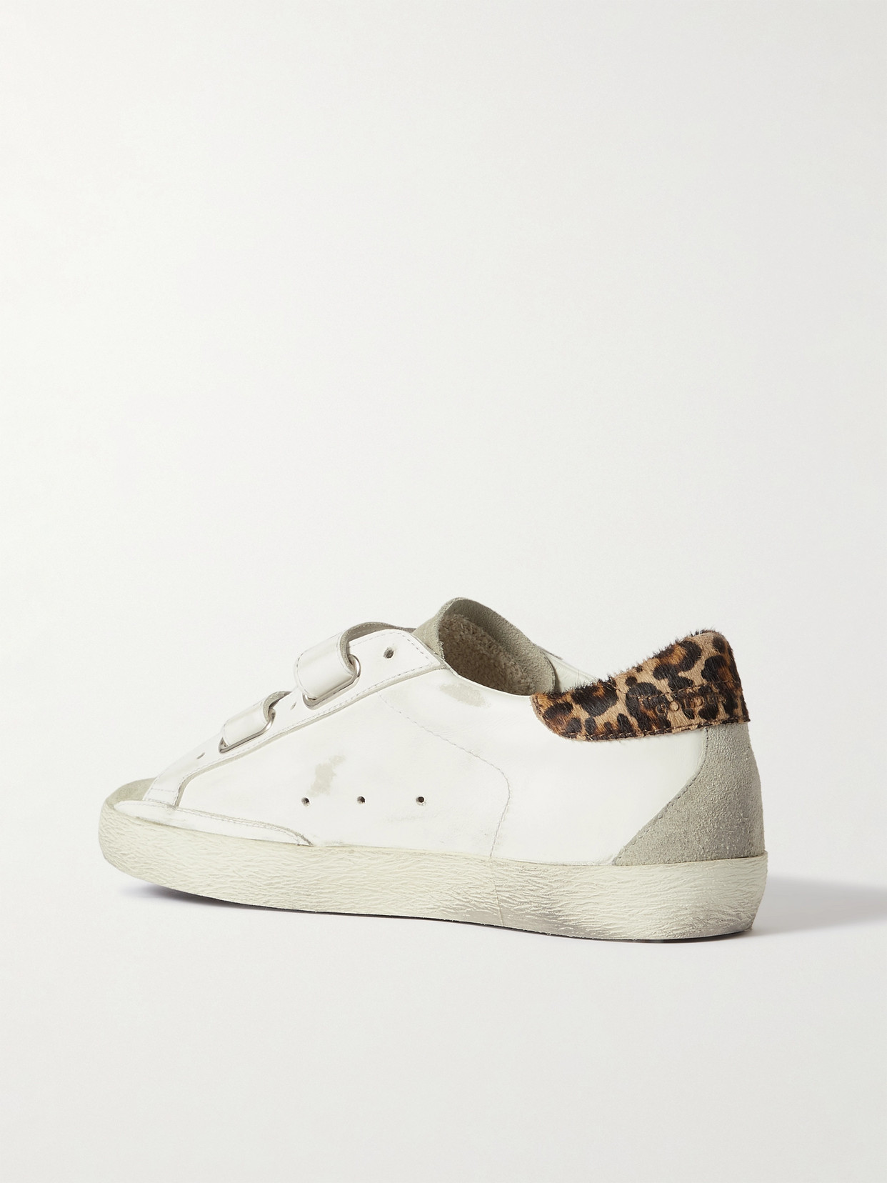 GOLDEN GOOSE OLD SCHOOL PONY HAIR-TRIMMED DISTRESSED GLITTERED LEATHER AND SUEDE SNEAKERS