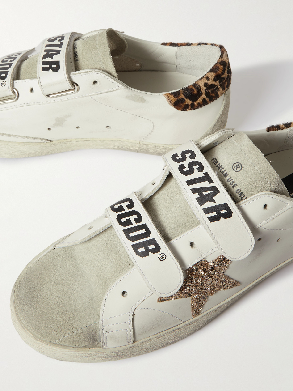 GOLDEN GOOSE OLD SCHOOL PONY HAIR-TRIMMED DISTRESSED GLITTERED LEATHER AND SUEDE SNEAKERS