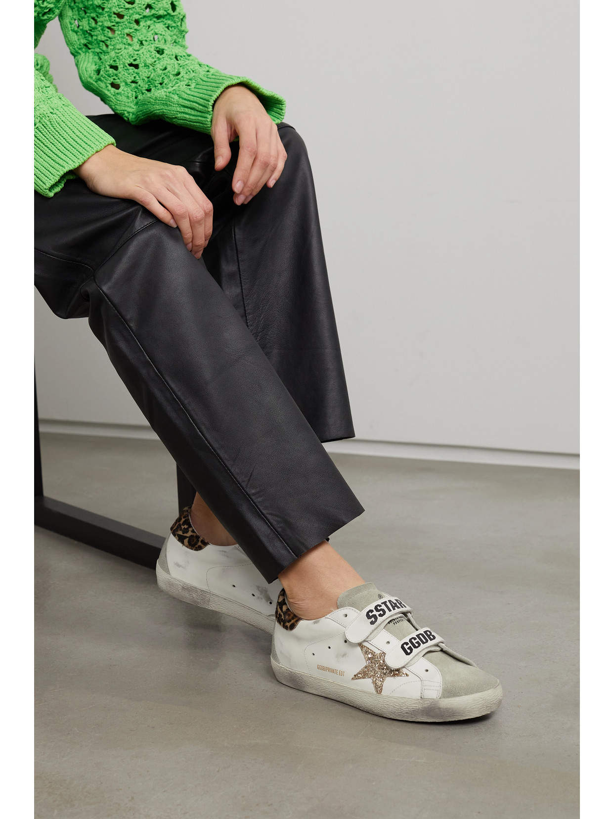 GOLDEN GOOSE OLD SCHOOL PONY HAIR-TRIMMED DISTRESSED GLITTERED LEATHER AND SUEDE SNEAKERS
