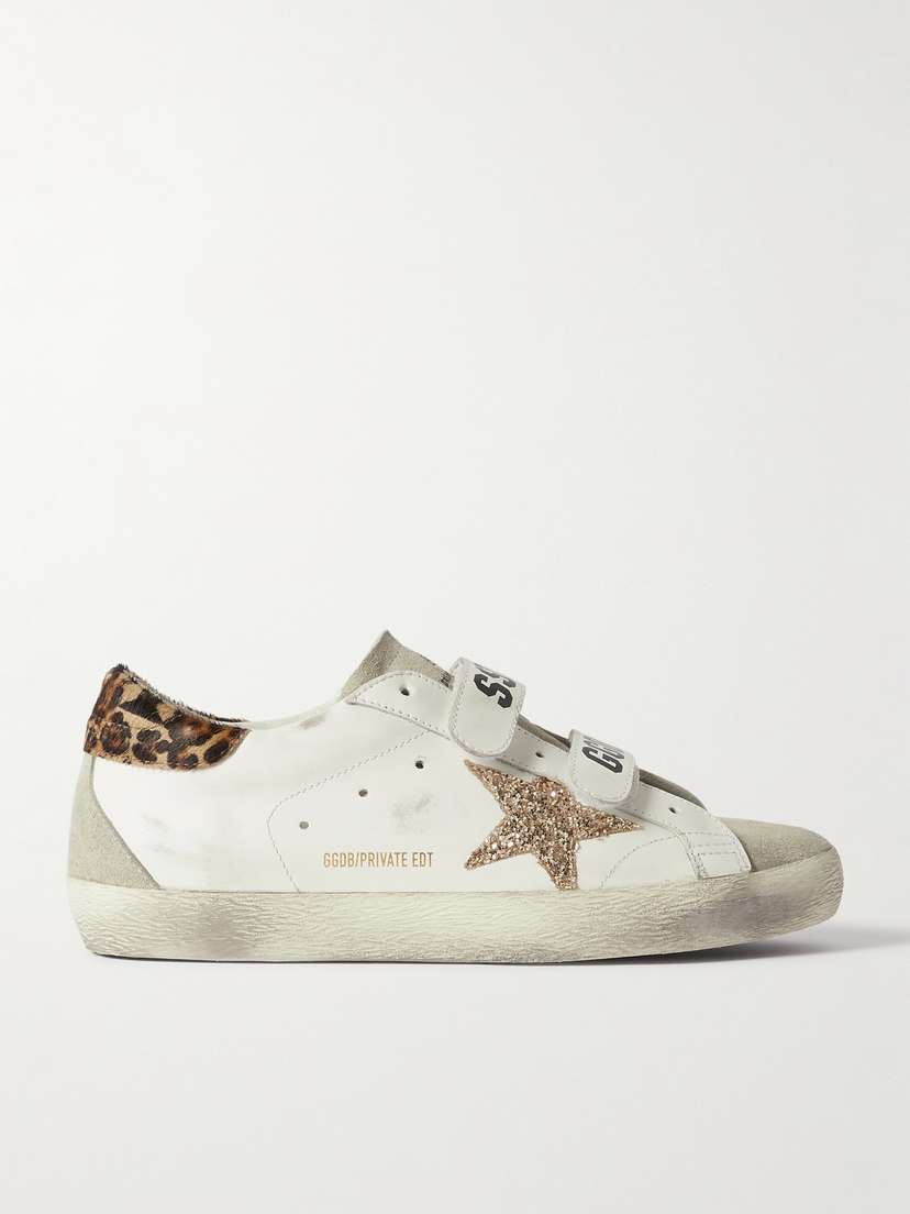 Golden Goose Old School Pony Hair-trimmed Distressed Glittered Leather And Suede Sneakers