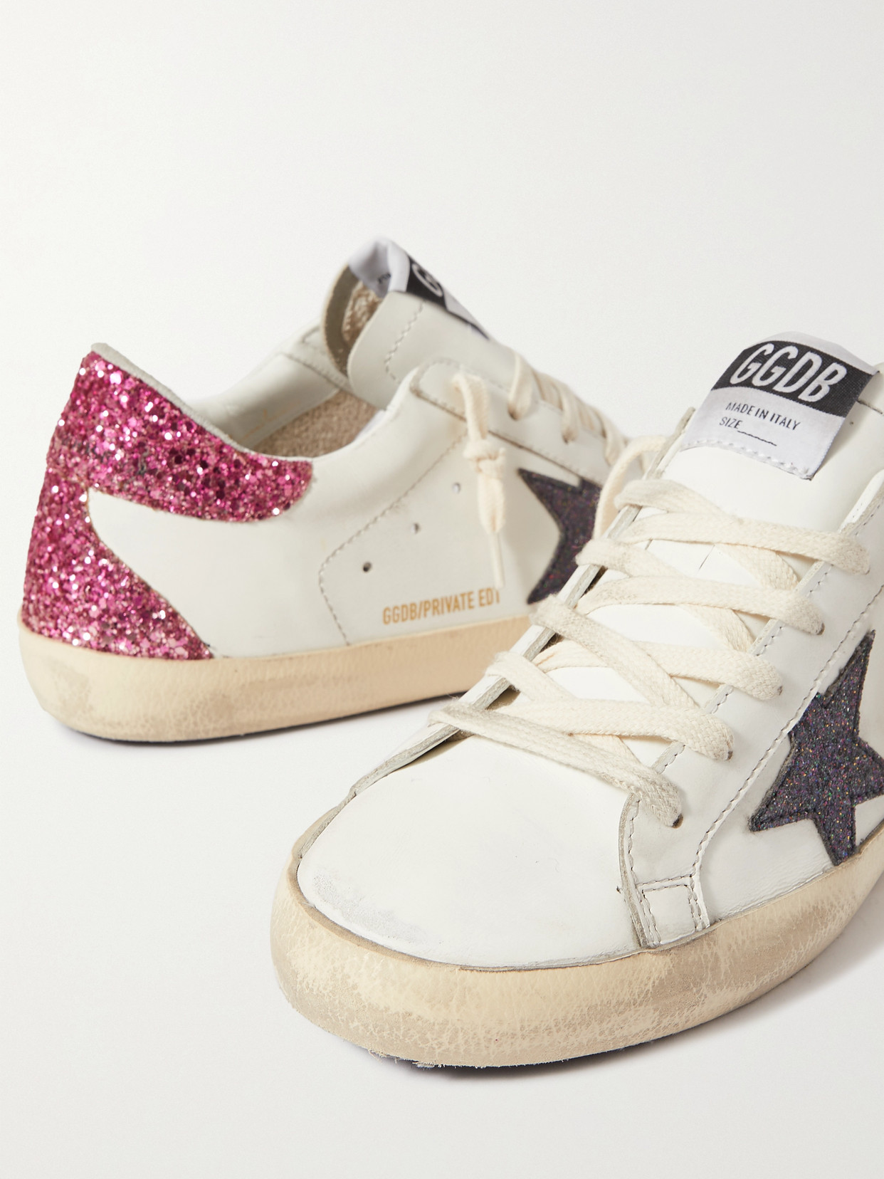 Shop Golden Goose Superstar Distressed Glittered Leather Sneakers In White