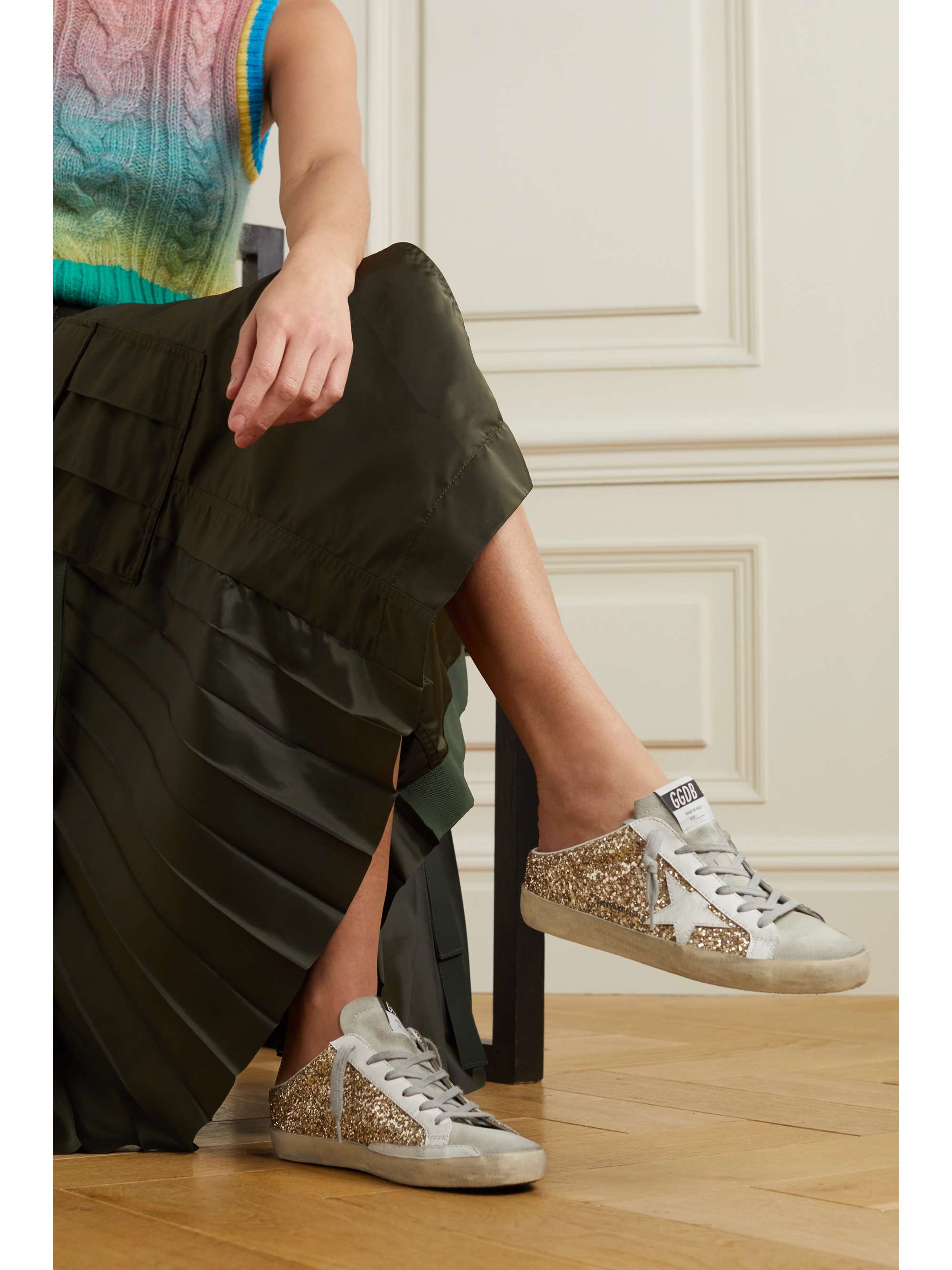Super-Star Sabot distressed glittered leather and suede slip-on sneakers